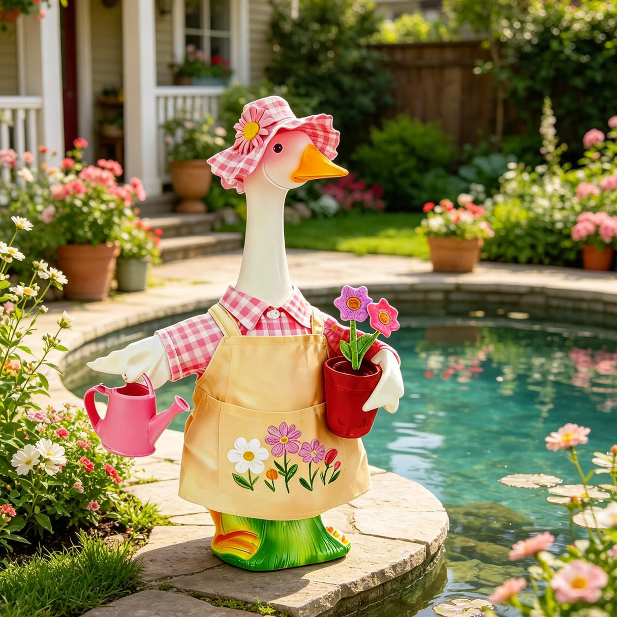 Jwqqwdza Gardener Porch Goose Outfit, 23 Inch Goose Clothes with Hat, Watering Can & Flower Pot, Lawn Geese Statue Costume for Spring Summer Garden Yard Decor (Pink Yellow, One Size)