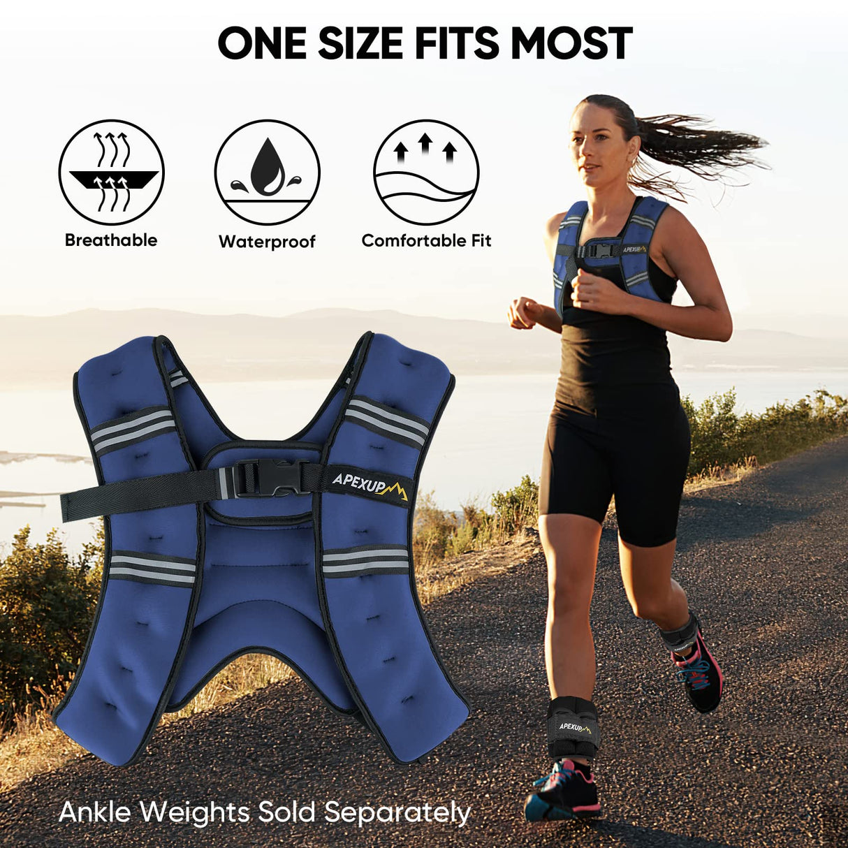 APEXUP Weighted Vest with 5lbs/10lbs/15lbs/20lbs/25lbs/30lbs Weights and Reflective Stripe, Weight Vest Men Women for Workout, Strength Training, Running (Blue, 5lbs)
