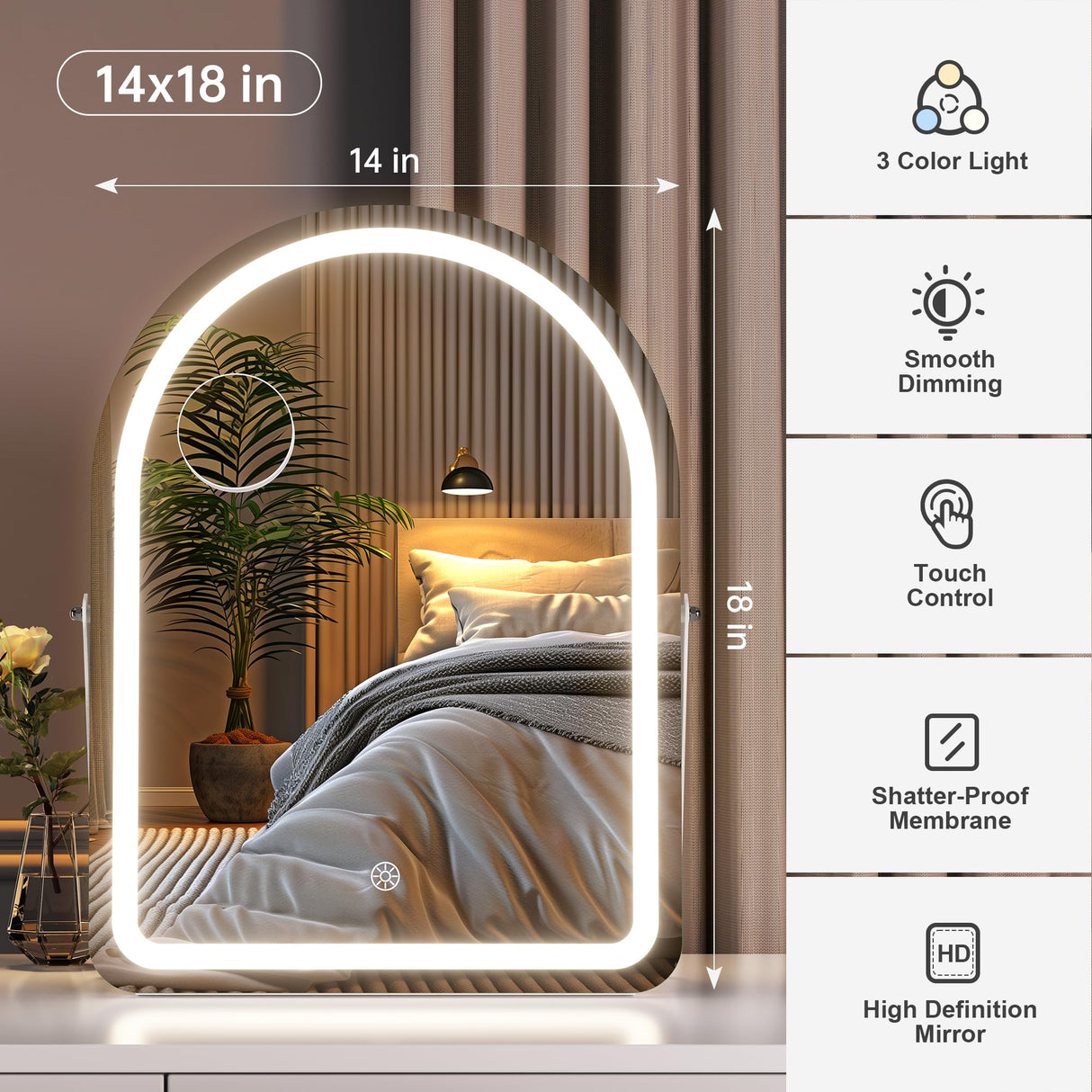 Hasipu Vanity Mirror with Lights, 14"× 18" Arched LED Makeup Mirror, Lighted Makeup Mirror with Lights, Smart Touch Control Dimmable 3 Modes Light 360°Rotation White