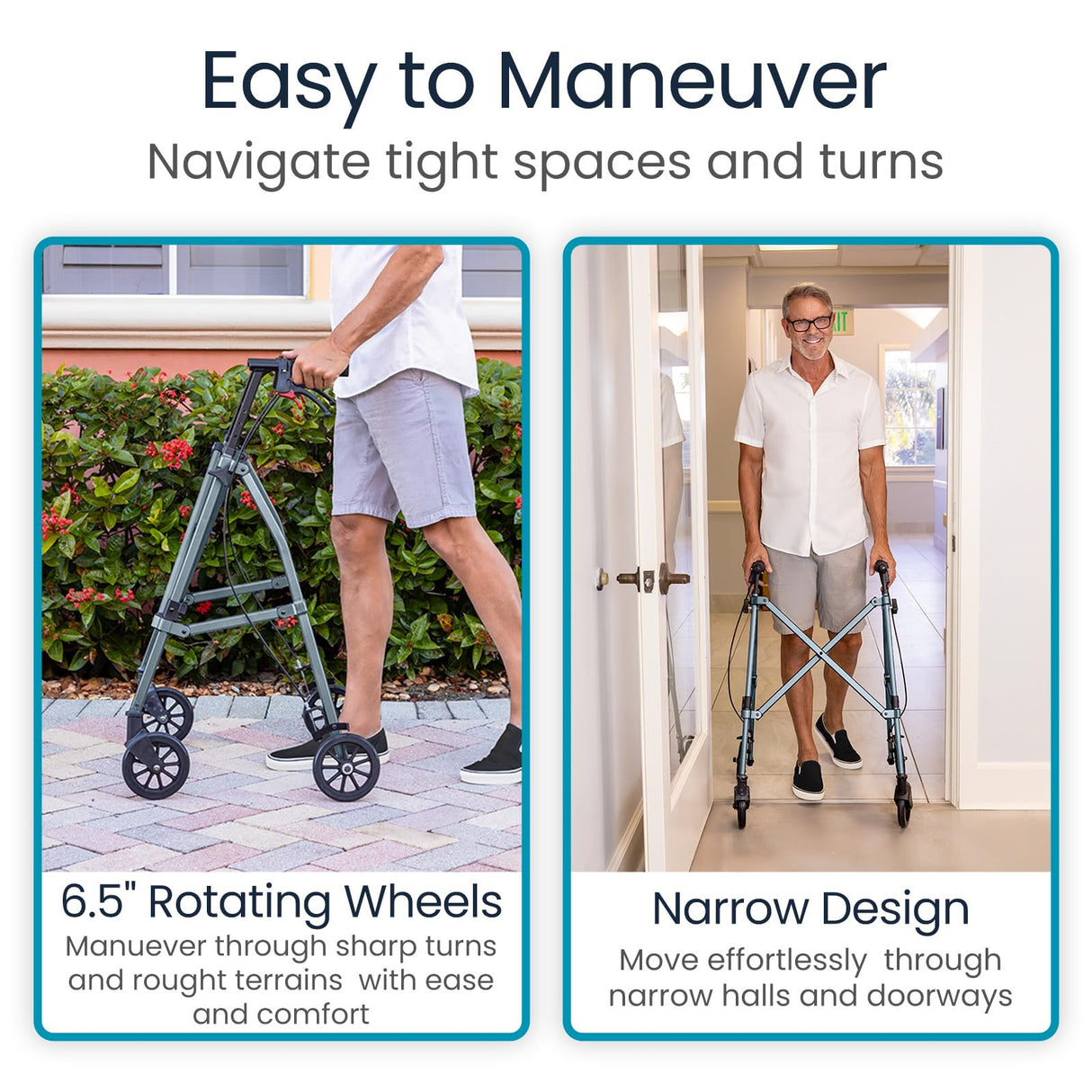 Vive Mobility Lightweight Walker for Seniors - Narrow, Folding Walker w/Wheels for Small & Tight Spaces - Light Weight for Balance, Compact Doorways, Foldable - Portable & Collapsible for Travel
