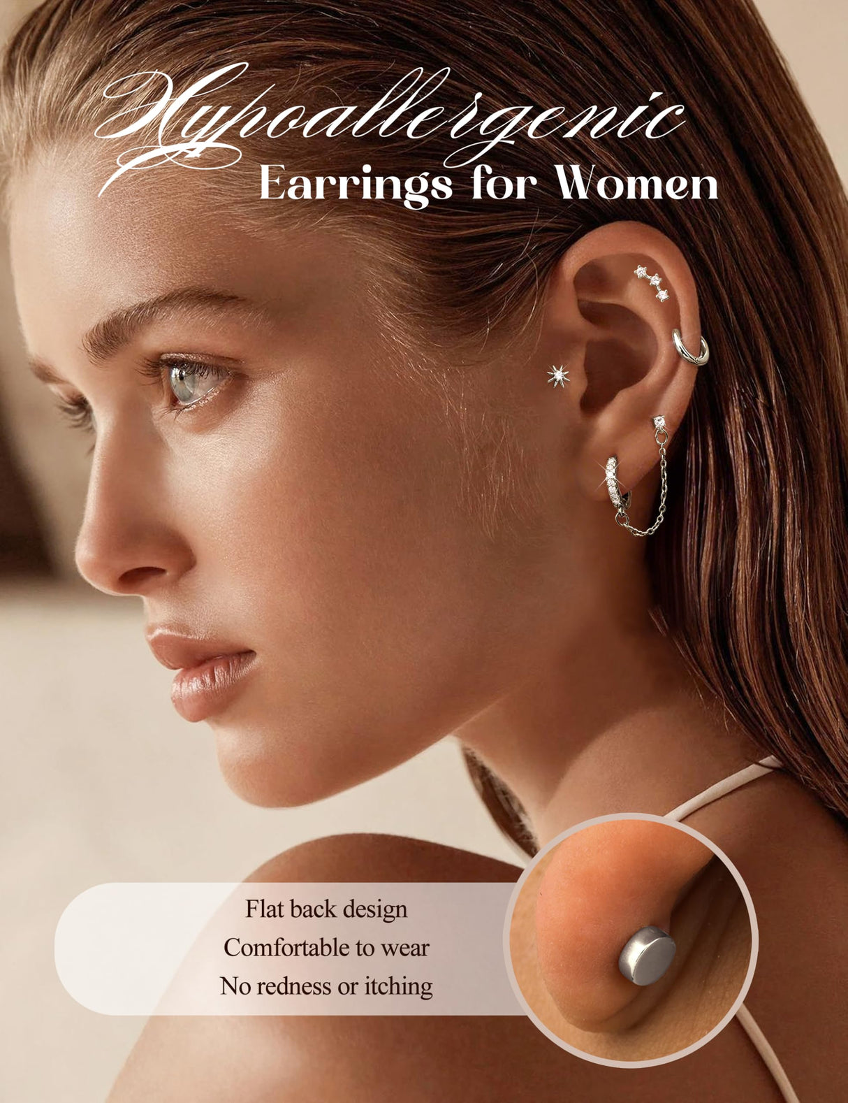 Florideco Silver Plated Flat Back Earrings Hypoallergenic Surgical Steel Earrings for Women Trendy Cartilage Chain Hoop Earring Studs Star Heart CZ Flatback Stud Earring Pack
