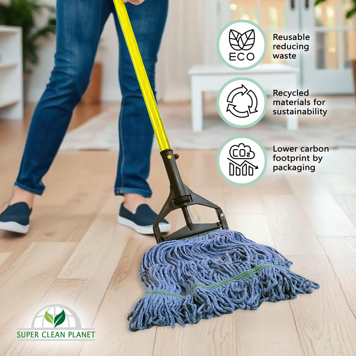 Super Clean Planet Heavy Duty Mop Head Refill (3-Pack) – Industrial Blue Cotton, Looped-End Wet Mop Heads for General, Commercial, Janitorial & Floor Cleaning