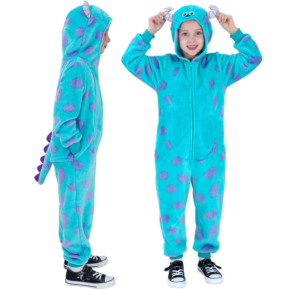 Rabtero Blue Monster Costume Kids, Blue Monster Onesie Girls Boys, Halloween Christmas Parties Cartoon Costume for Kids 10-12 (100% Polar Fleece)