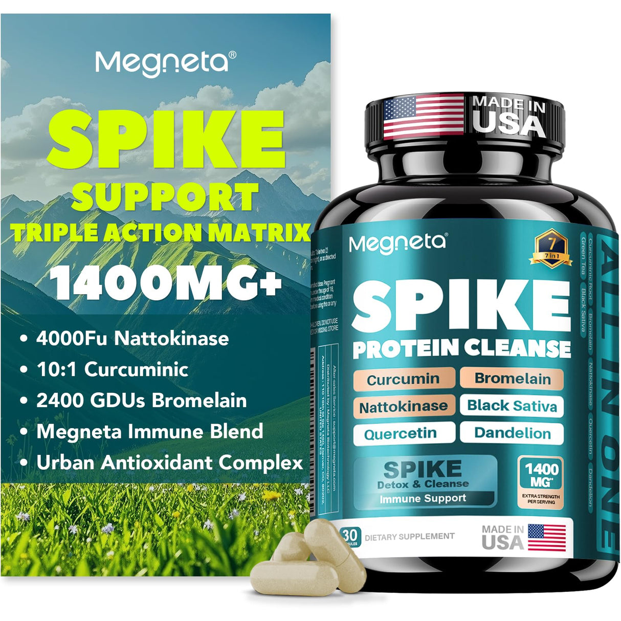 MEGNETA Spike Support Supplement Triple Matrix - 4000FU Nattokinase & 500mg Bromelain | Curcumin 800mg + Quercetin Synergy | Plant-Based Antioxidant Blend with Dandelion | Non-GMO | 60 Capsules