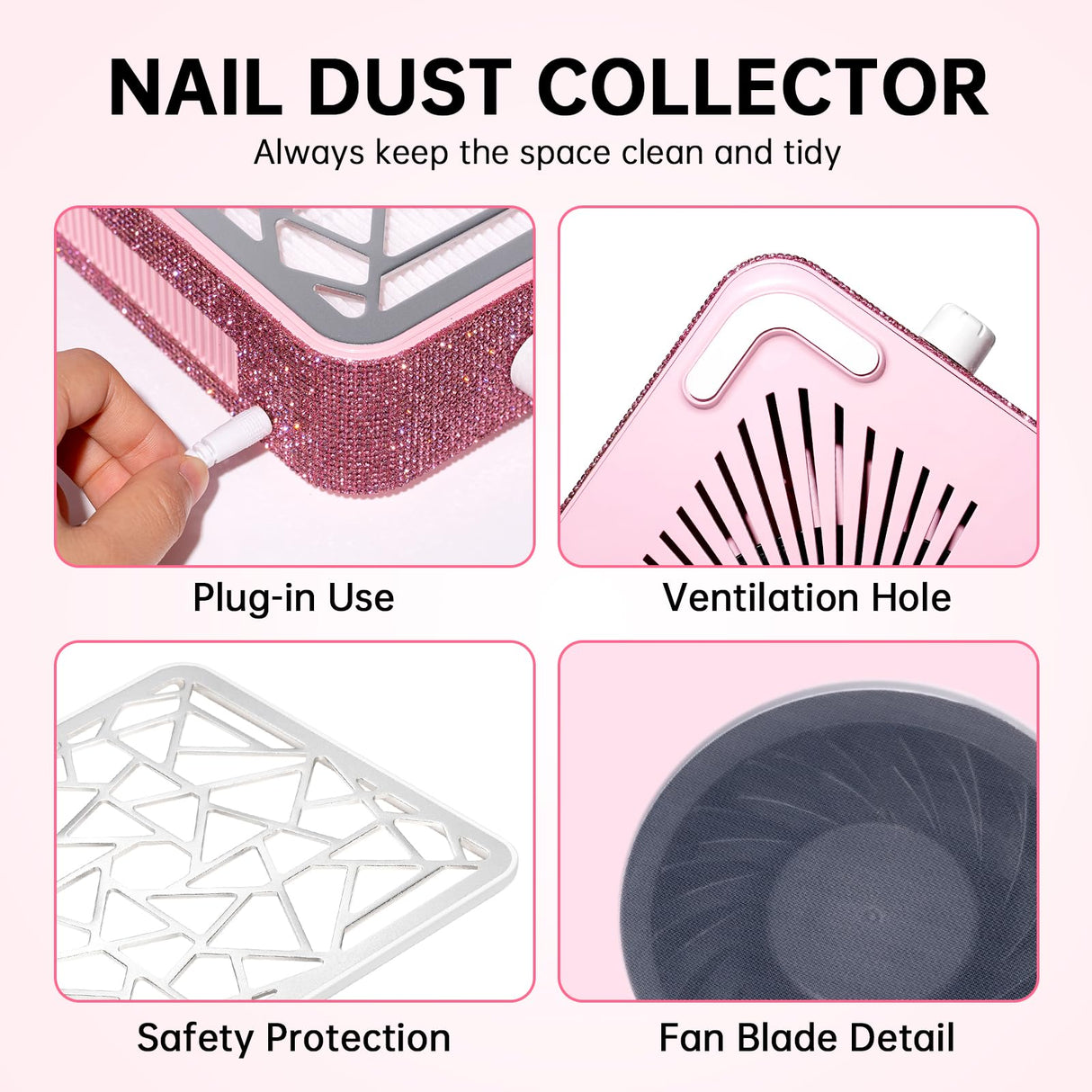 CHRISTINE SHELLY Nail Dust Collector, Powerful Vacuum Fan Vent Dust Collector Extractor Dust Suction Machine for Acrylic Nails Polishing, Nail Salon, Pink Diamond