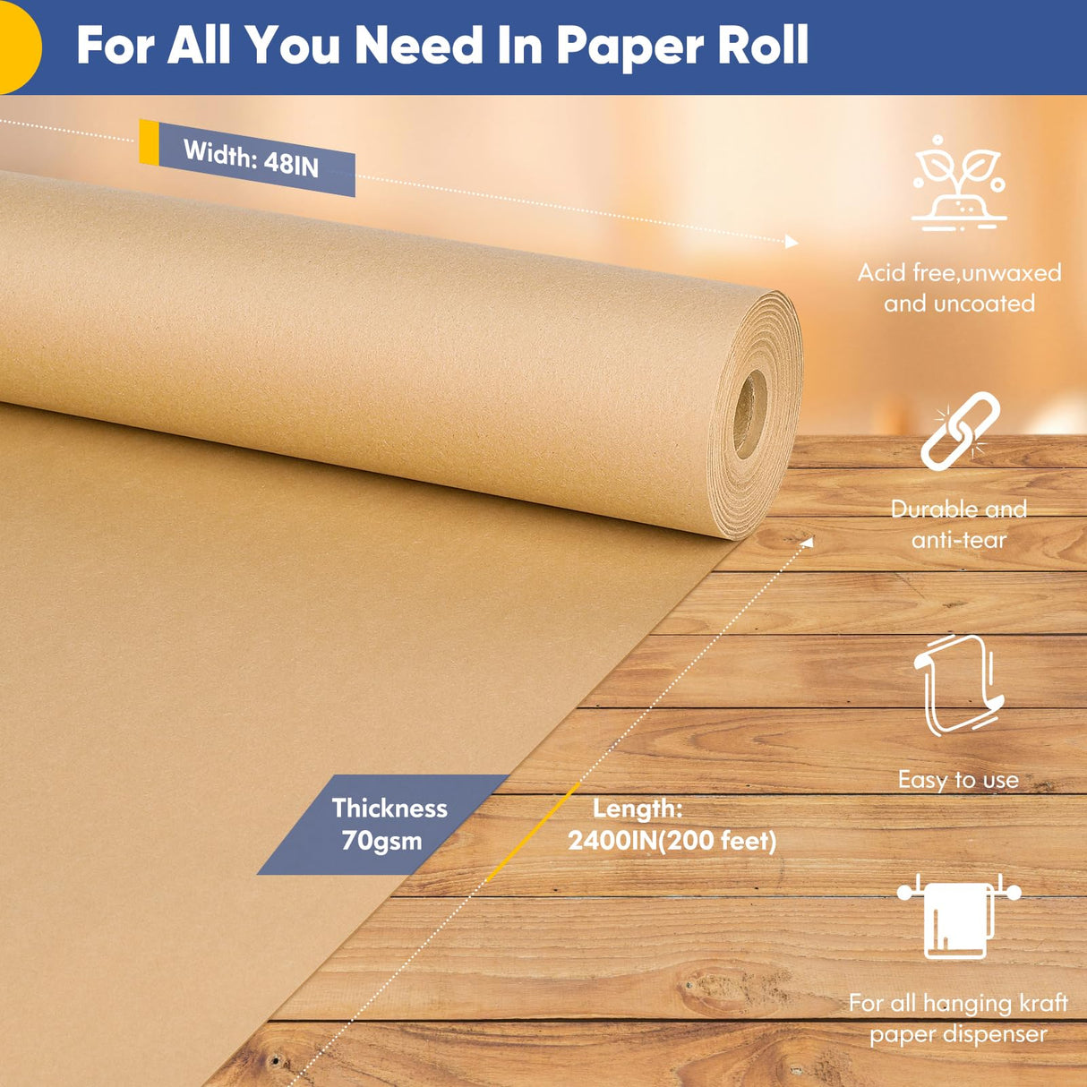 Vanhench 48"x 2400" (200') Brown Jumbo Roll Wrapping Paper, Kraft Craft Paper Roll for Bulletin Board Kids Arts Crafts Packing Shipping Poster Construction, Thanksgiving Christmas Wrapping Paper