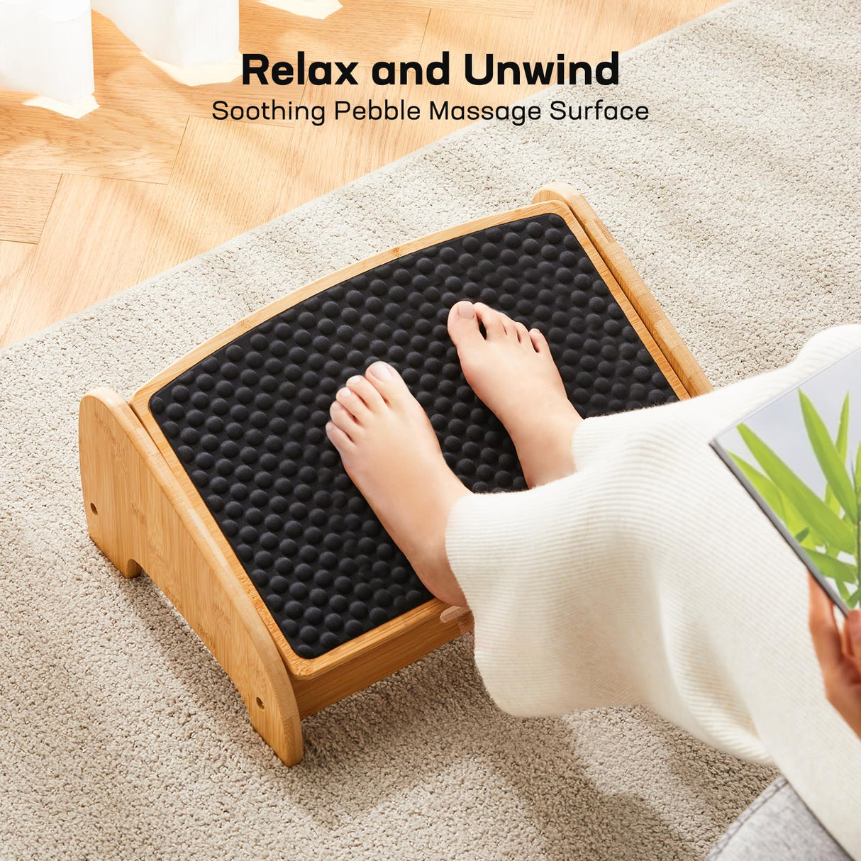 HUANUO Bamboo Foot Rest for Under Desk at Work, Ergonomic Foot Rest with 4 Height Settings, Pebble Massage Surface, Non-Slip Under Desk Footrest for Better Posture, Foot Rest for Home & Office, HNFR11