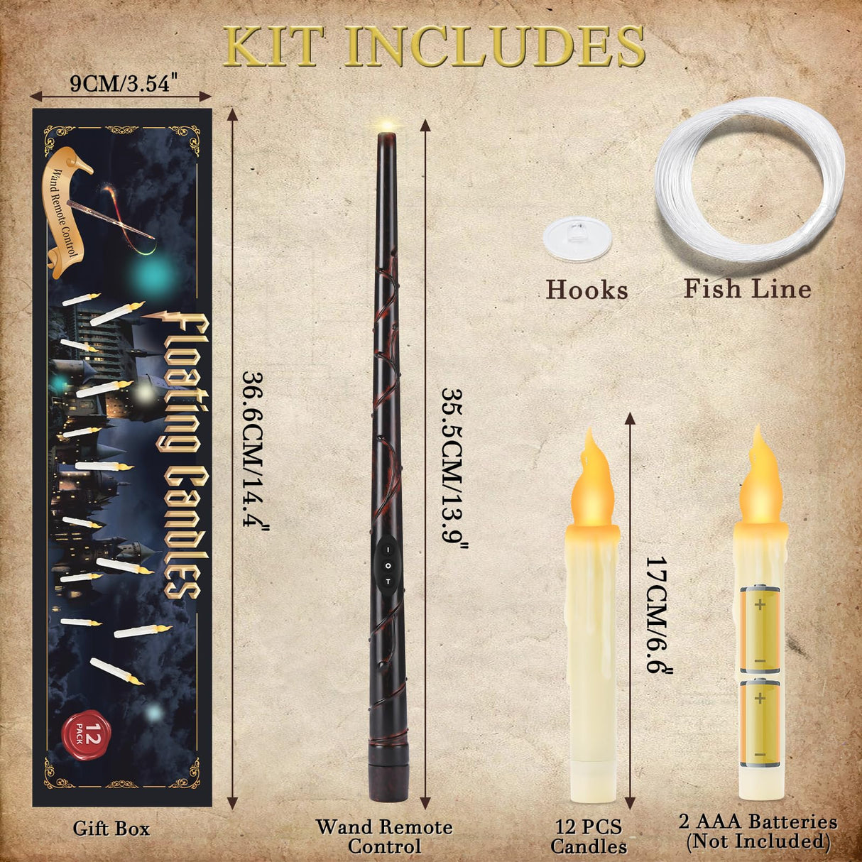 YMXHK Halloween Decorations - Floating Candles with Wand, 12 Pcs Flameless Candles with Warm Light Flickering, Witch Wizard Christmas Decor for Indoor Home Room Classroom Bedroom Birthday Party