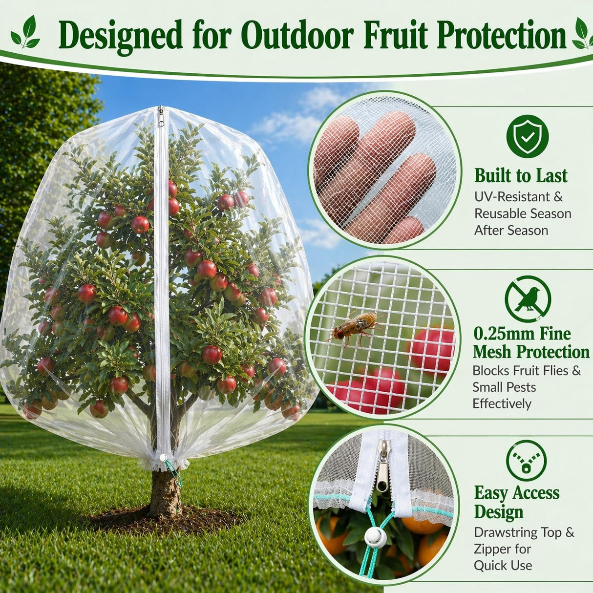 3 Pack 8 x 8 ft Large Fruit Tree Netting Covers with Zipper & Drawstring, Extra Fine Mesh Garden Netting for Blueberry Peach Apple Trees, Protects Fruit from Birds, Squirrels, Deer, Cicadas & Beetles