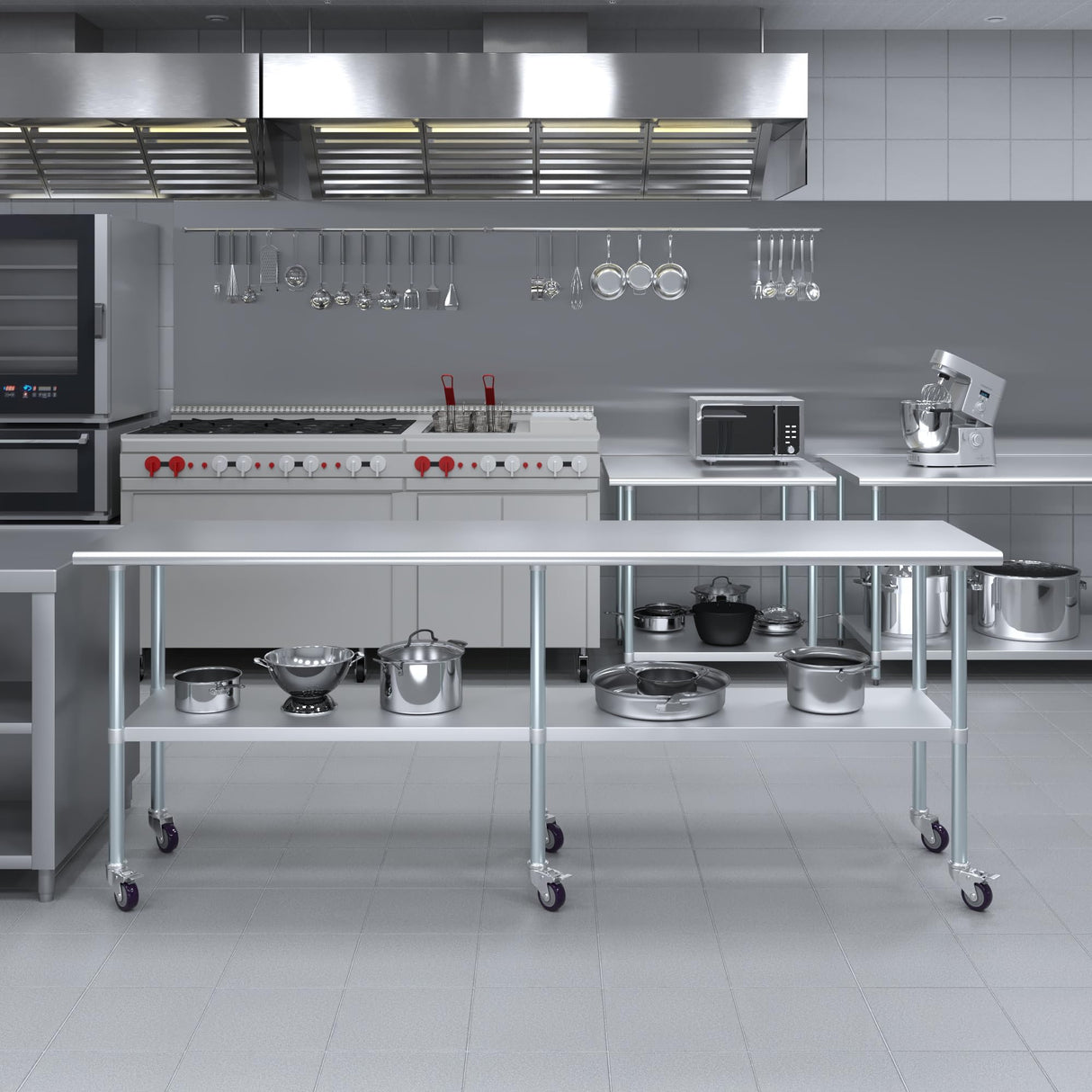 AmGood 24 in. x 96 in. Stainless Steel Work Table with Wheels | Metal Kitchen Food Prep Table | NSF