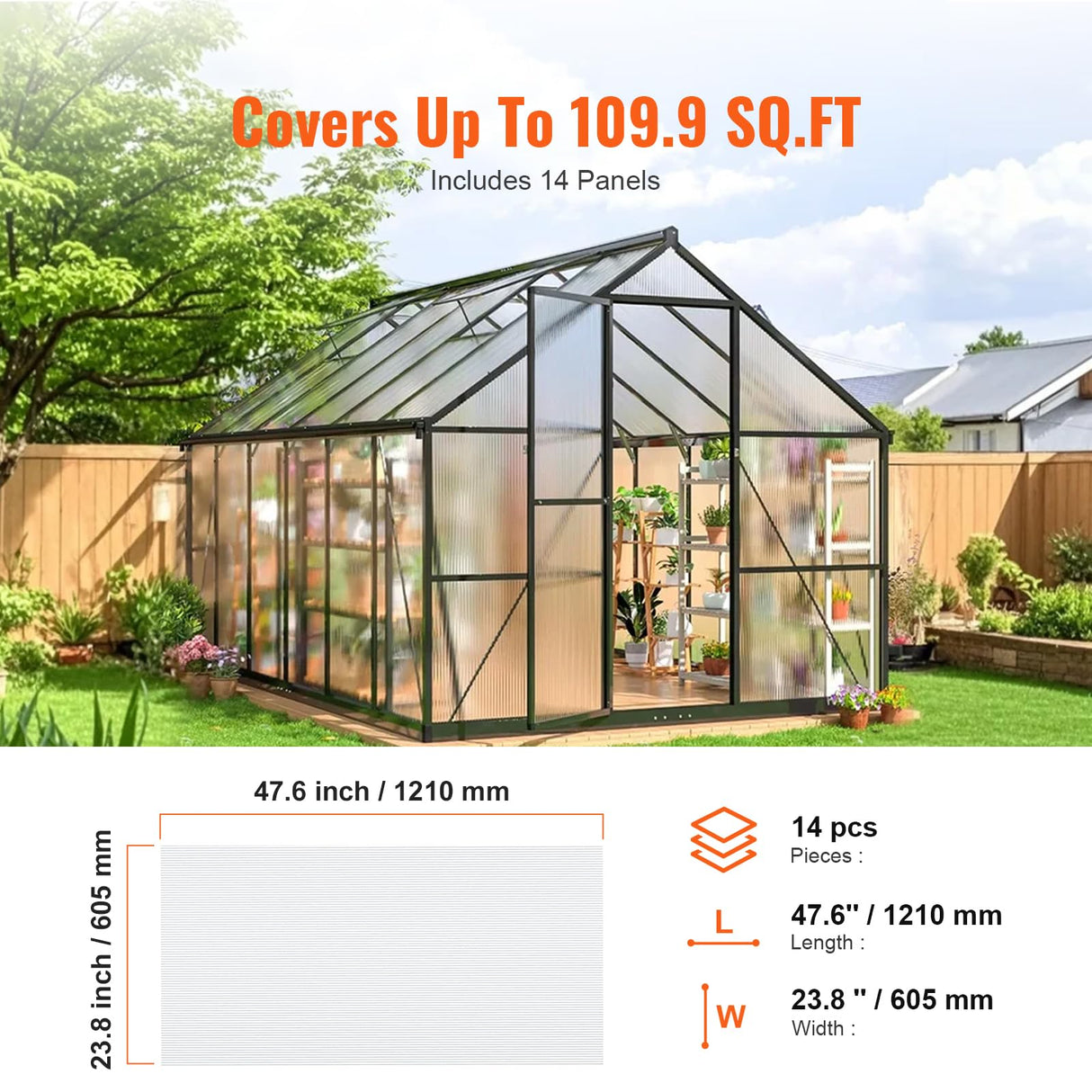 VEVOR 14 Pack Polycarbonate Greenhouse Panels, 2' X 4' X 0.16'' Roof Panels Sheets, Waterproof UV Protected Corrugated Plastic Roofing, Impact Resistance Clear Roofing Sheets for Greenhouse/Garden