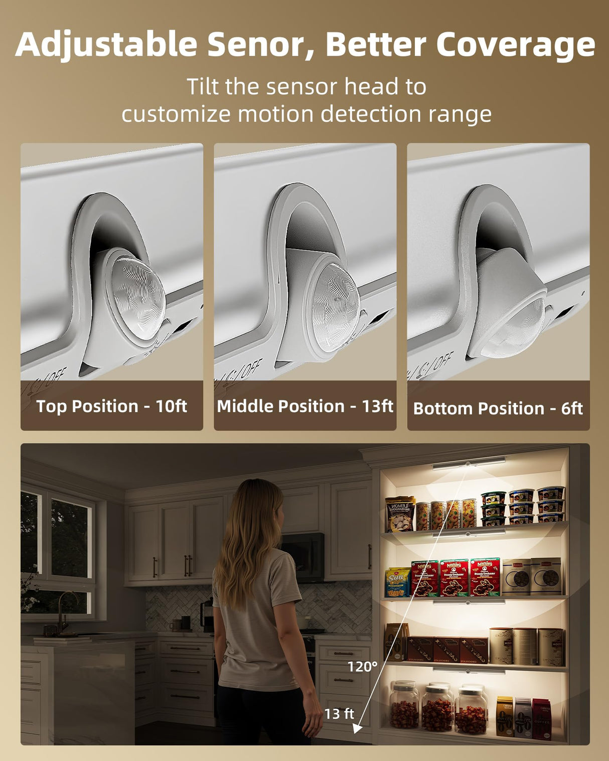 EZVALO 13-inch Motion Sensor Closet Lights, 2 Pack Rechargeable LED Lights with Rotatable Sensor, Glare-Free, 3 Color Temps & Dimmable, Magnetic Cabinet Lighting for Closet, Pantry, Stairs