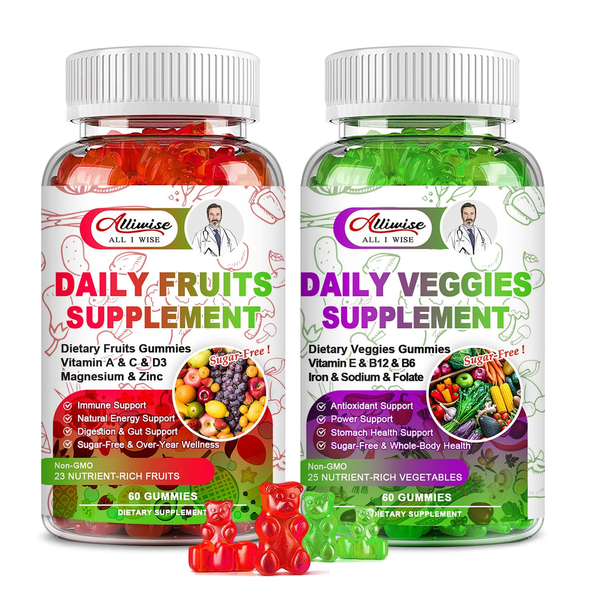 Sugar-Free Fruits and Veggies Gummies Supplement, Multi-Vitamins & Minerals in Gummies, Natural Fruits and Vegetables Supplement, Immunity & Antioxidant & Energy Supplements for Women & Men