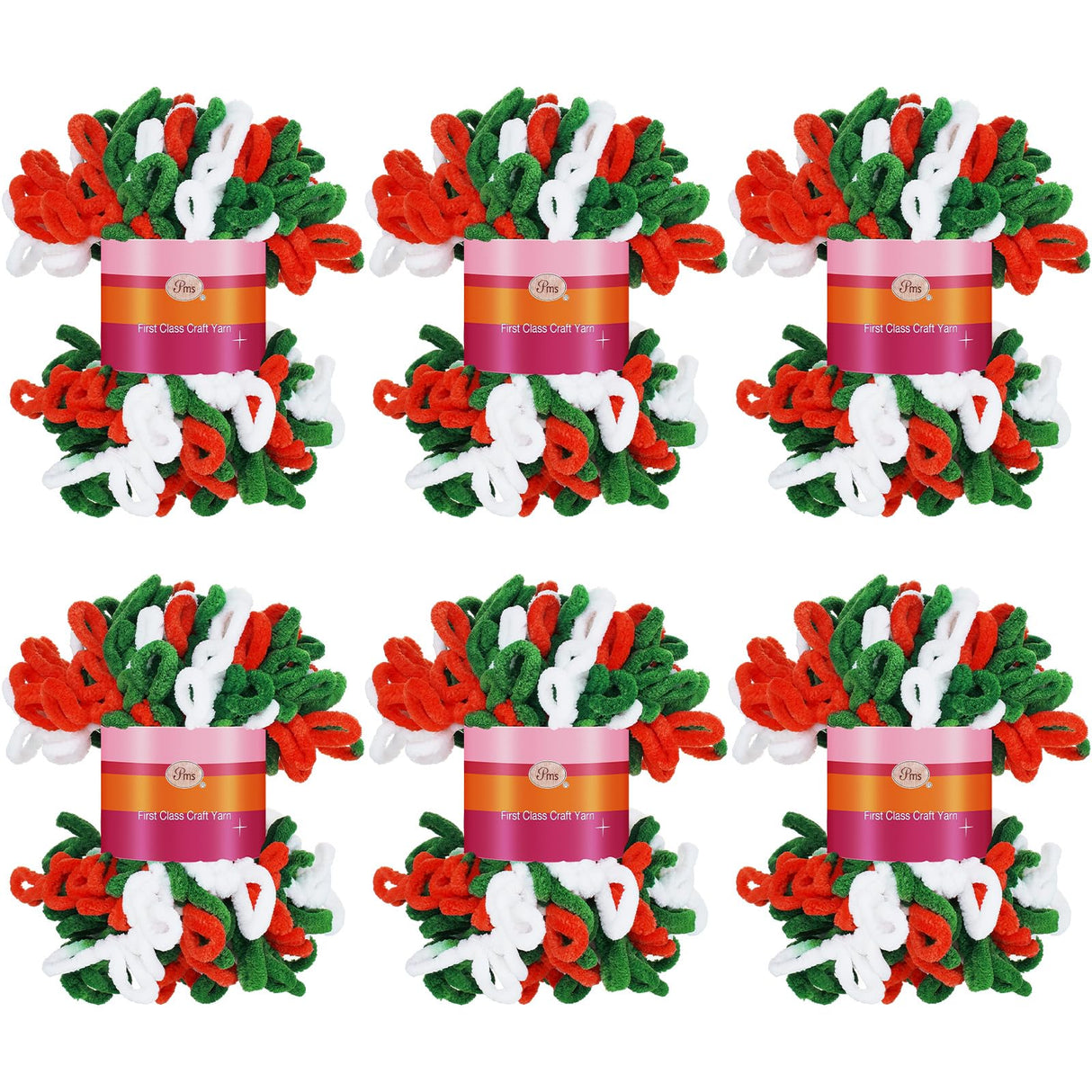 Threlaco 6 Skeins Christmas Loop Yarn Finger Loops Yarn Bulk Soft Chunky Yarns 600 g for Christmas Yarns Beginners Knitting No Needles or Hooks Crochet Gift Craft (Red, White, Green)