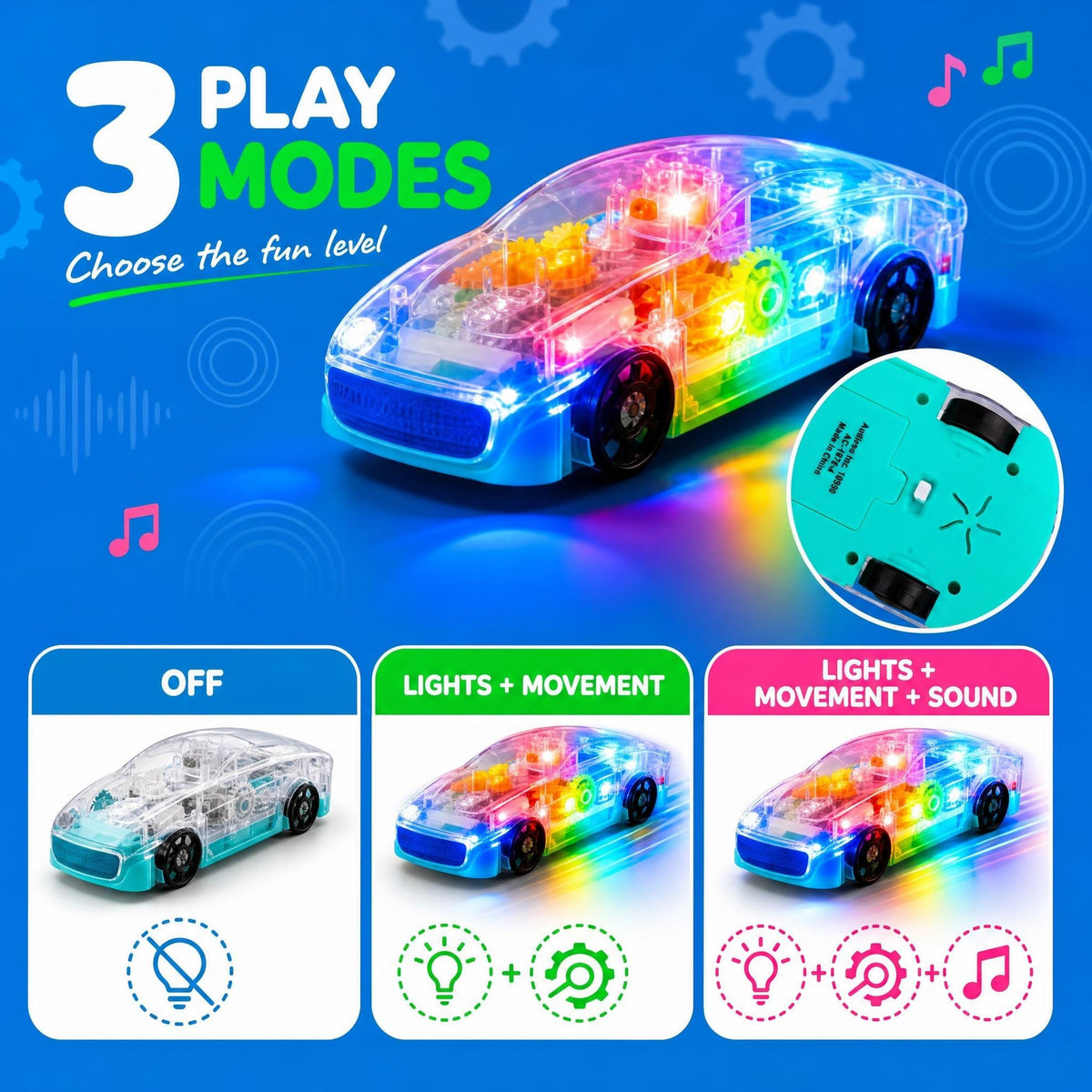 ArtCreativity Light-Up Transparent Sensory Car Toy, Bump-and-Go, Ages 3+