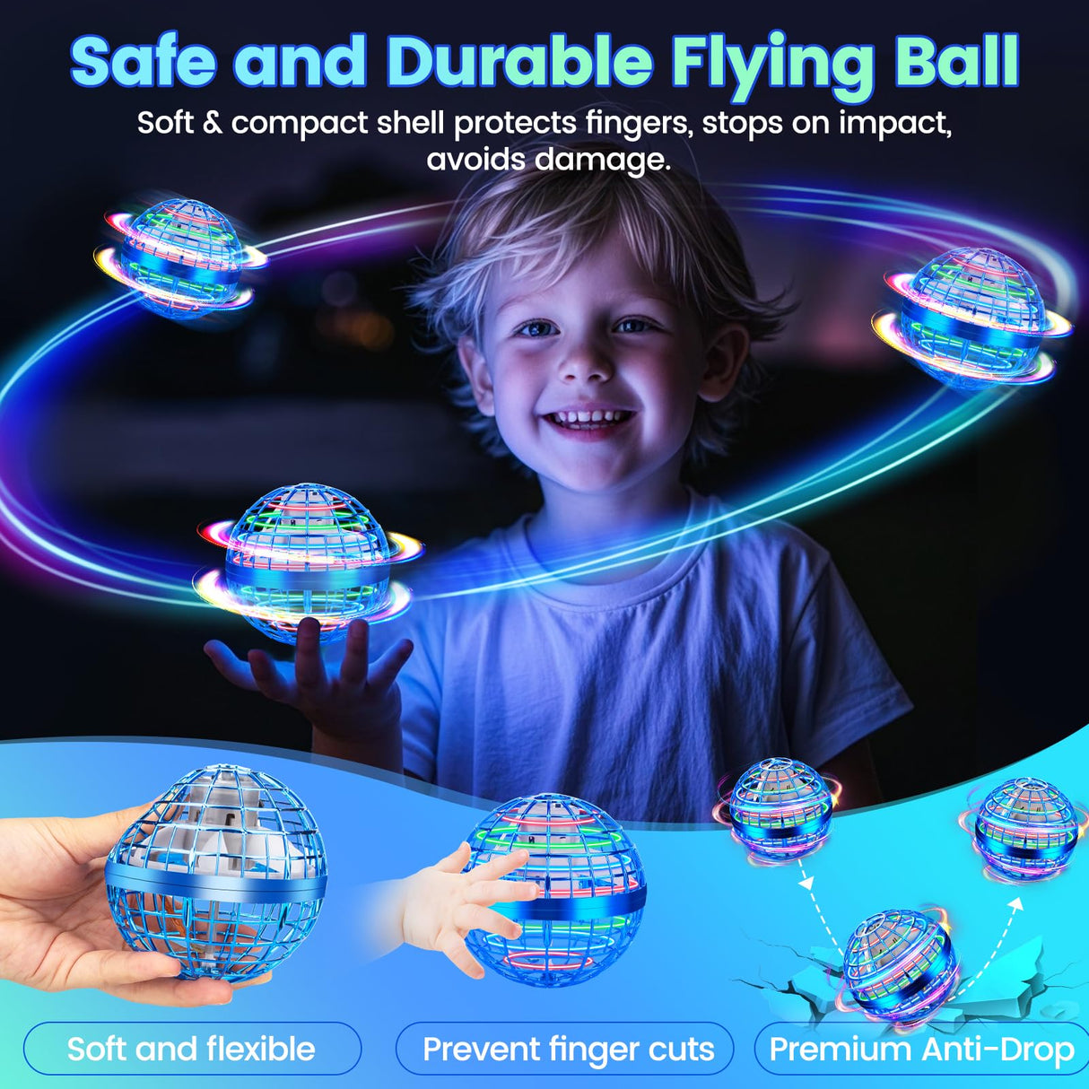 NWLAEWR Flying Orb Ball Toy, Parachute Hand Controlled Hover Ball with LED Lights, 360° Rotating Boomerang Globe, Cool Mini Drone for Kids, Ideal Birthday&Christmas Gift for Boys and Girls-Bright Blue