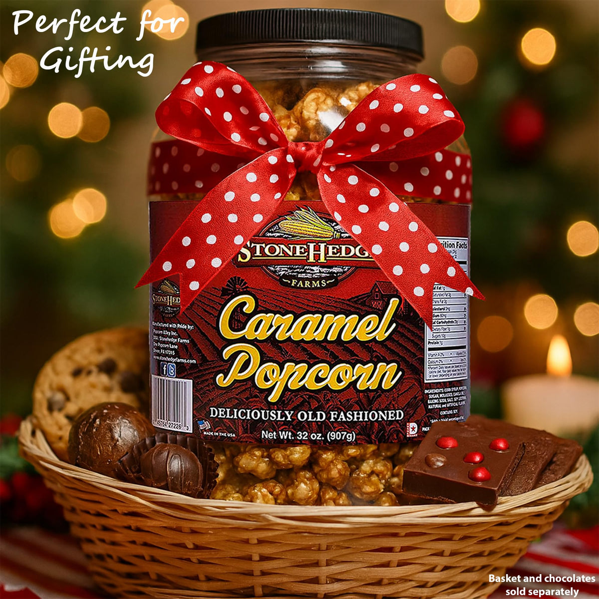 Stonehedge Farms Caramel Flavored Popcorn | 32 oz Tub (Pack of 2) | Perfect for Holidays and Christmas | Reclosable Barrels | Bulk Gourmet Popped Carmel Pop Corn
