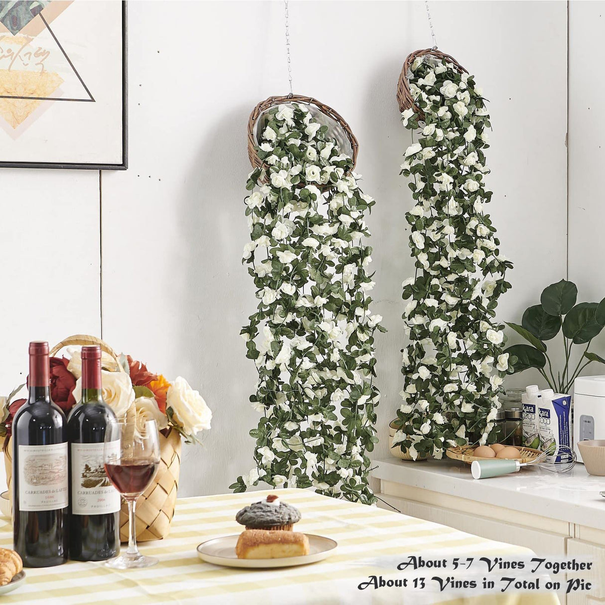 PONKING 8 Pcs x 8.2 ft Flower Garland Artificial Rose Vine Flowers with Green Leaves Hanging Fake Roses Vine for Room Party Home Wedding Birthday Christmas Wall Arch Decor, Spring White Flower