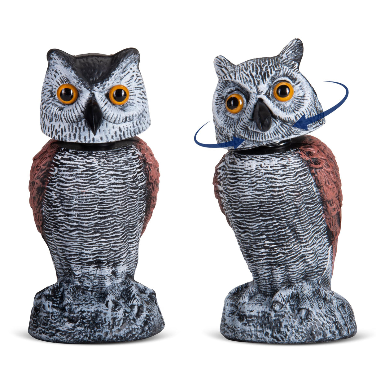 Arrigo Fake Owl Decoys to Scare Birds Away – 2pc Wind-Driven Rotating Head – Plastic Owl Statue Scarecrows – Realistic Deterrent for Critters & Squirrels - Garden, Patio, Boats, and Yard Decor