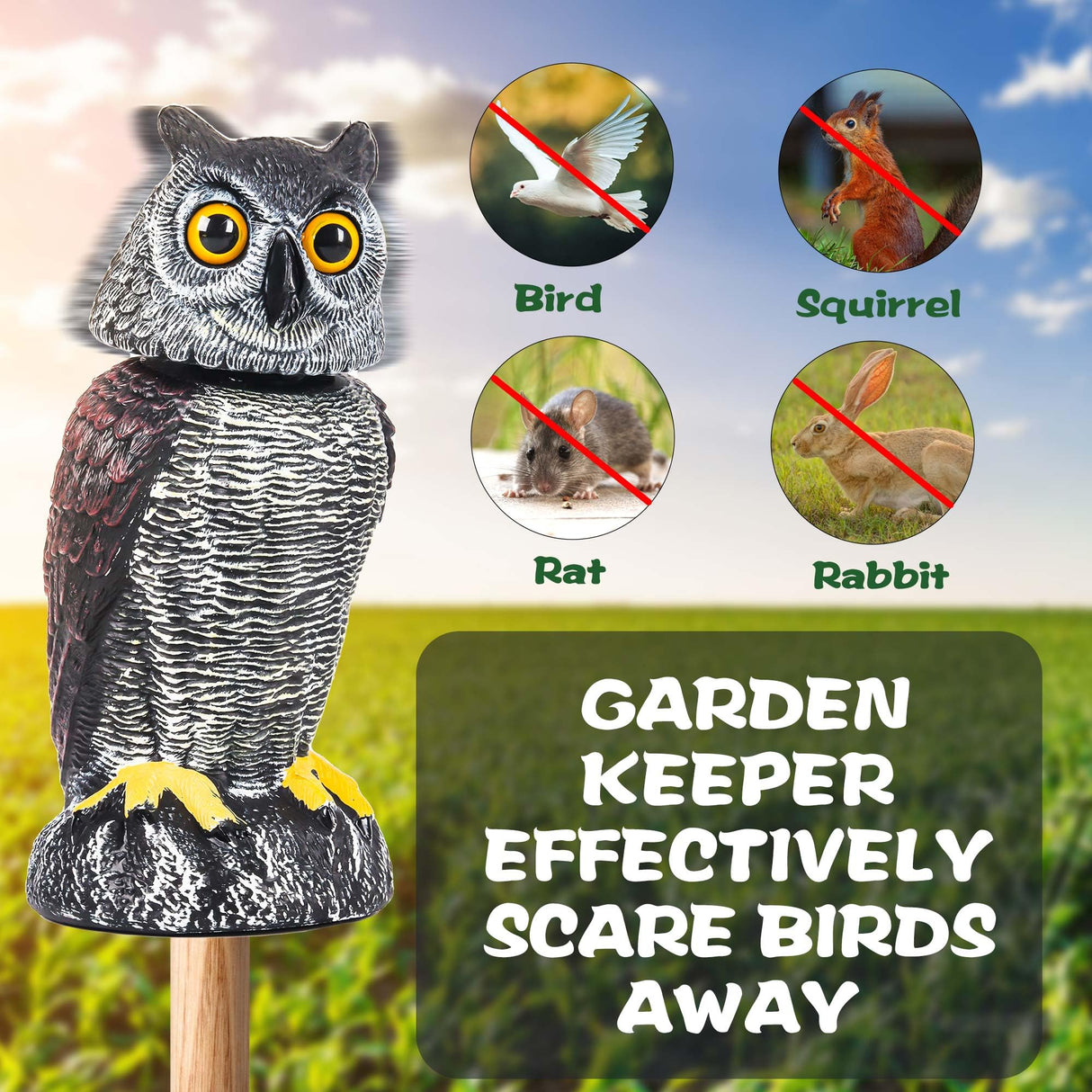 Crobirware 3 Pack Fake Owl Decoys to Scare Birds Away - Rotating Head Plastic Owl Scarecrows, Squirrel Hawk Bird Deterrent for Outside Garden Yard, Statues Garden Decor
