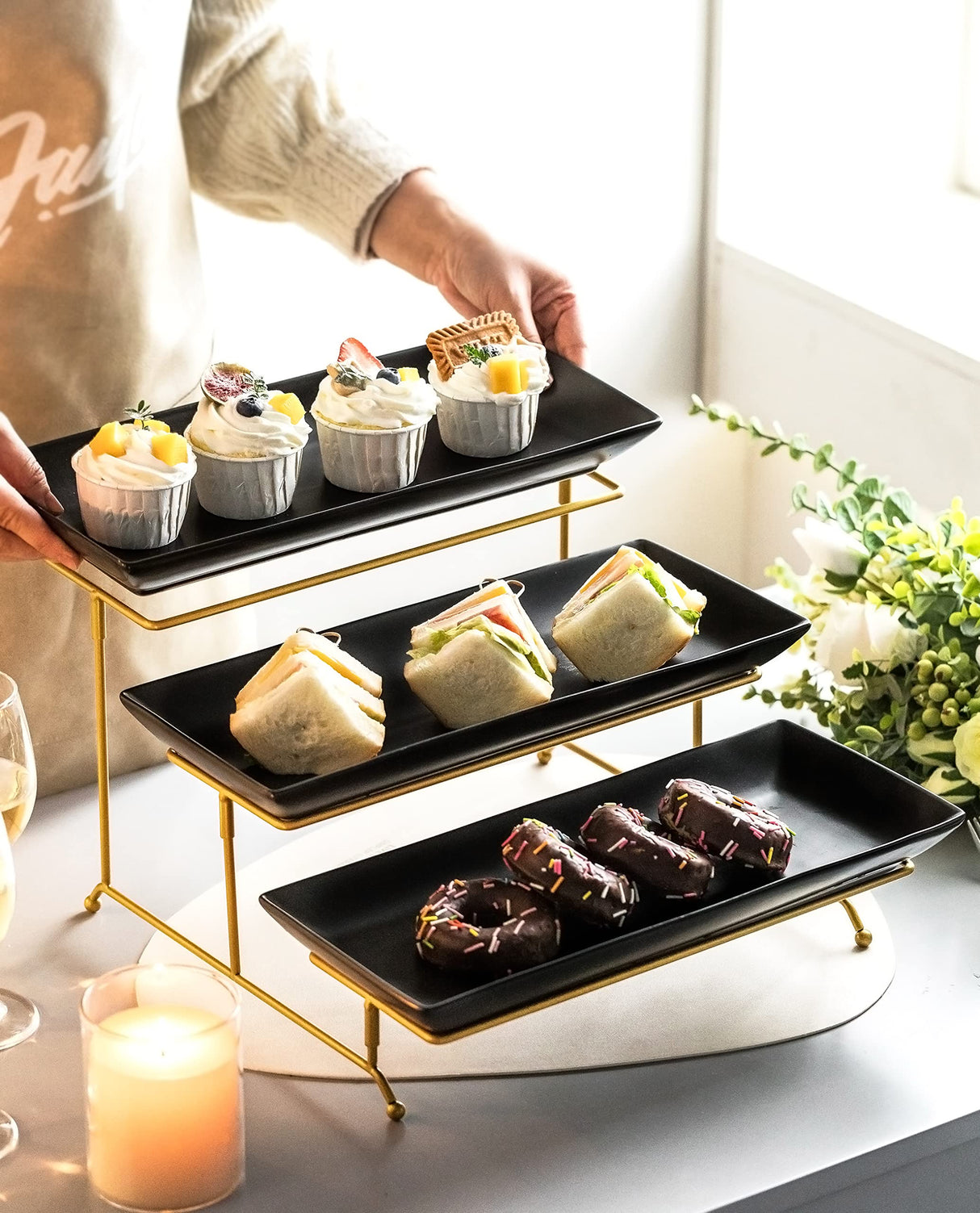 LYEOBOH 3 Tier Serving Tray Set, Tiered Serving Stand with Platters, Serving Dishes for Entertaining Halloween Christmas Party, Collapsible Sturdier Stand & 14 Inch Large Platters for Food Display