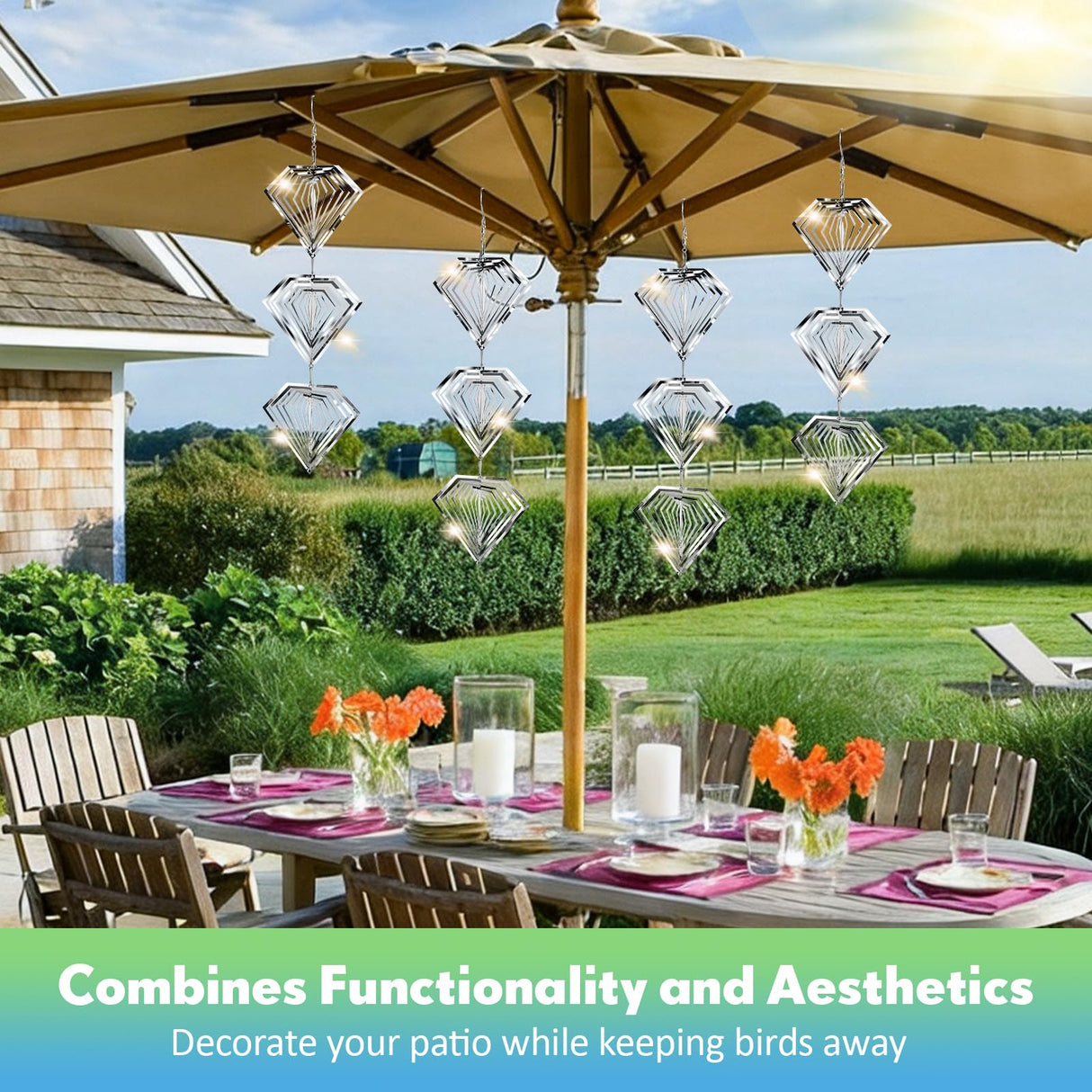 Superlong Bird Deterrents for Outside, 12 Discs Stainless Steel 3D Wind Spinners Garden Decor, 4 Sets Reflective Bird Scare Devices to Keep Woodpeckers, Pigeons Away from Patio, Balcony, Porch, Deck