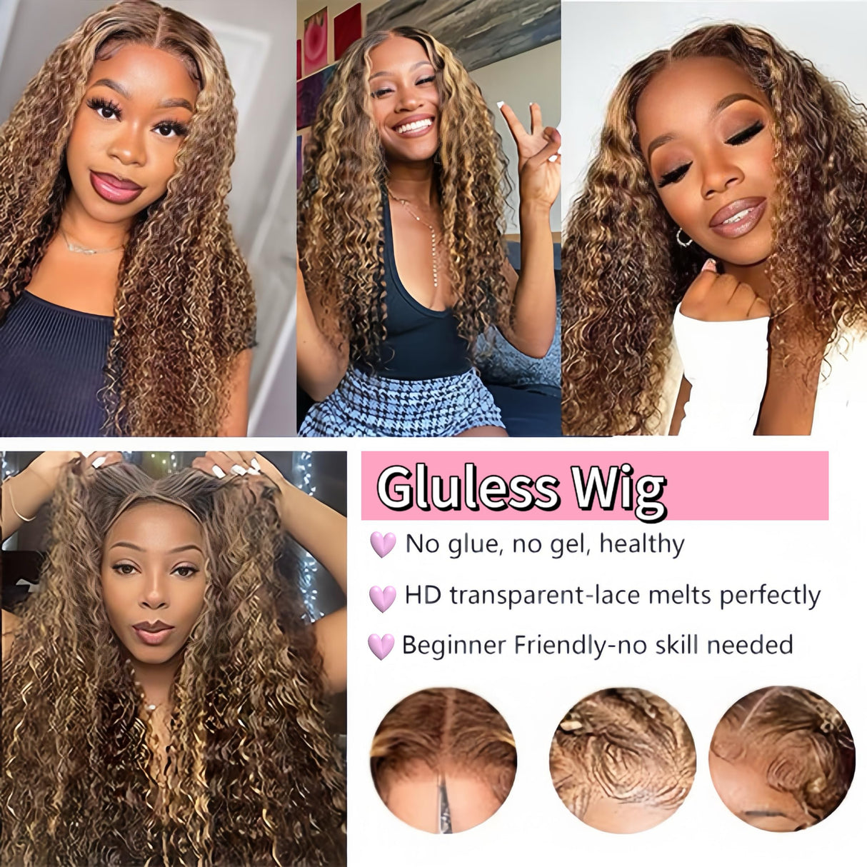 Highlight Ombre 4/27 Human Hair Wear and Go Glueless Wigs Deep Wave Curly Wet and Wavy Lace Front Pre Plucked Pre Cut 5x5 HD Lace Closure Wigs for Black Women (highlight ombre 4/27, 22 Inch)
