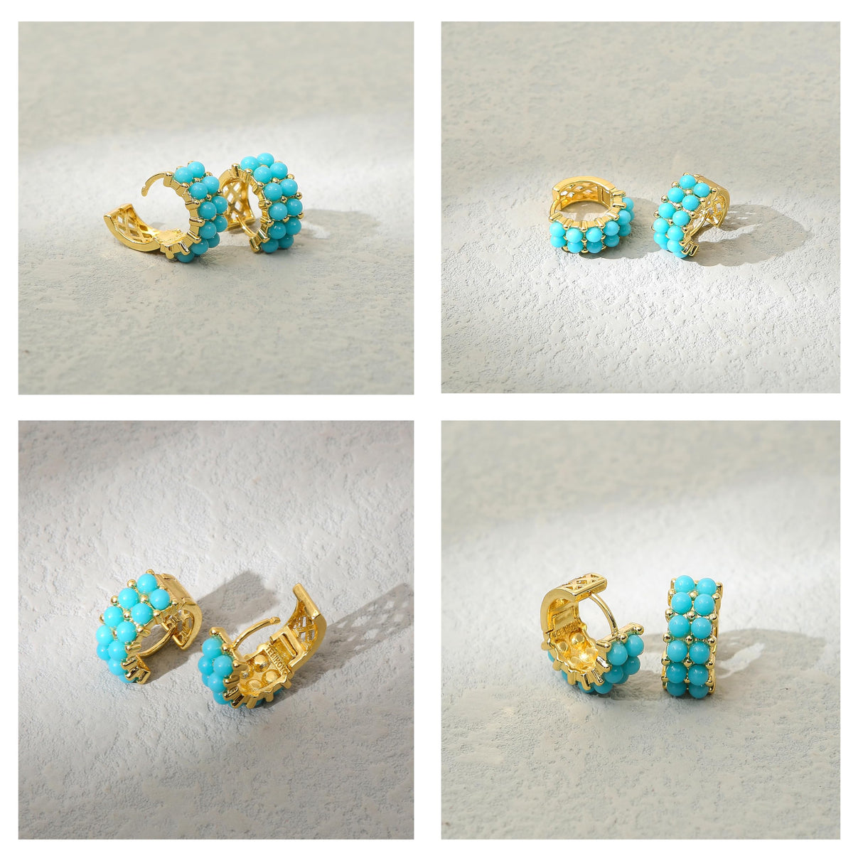 Simulated Turquoise Huggie Hoops Earrings For Women-Small Gold Plated, Boho Unique Dainty Everyday Wear