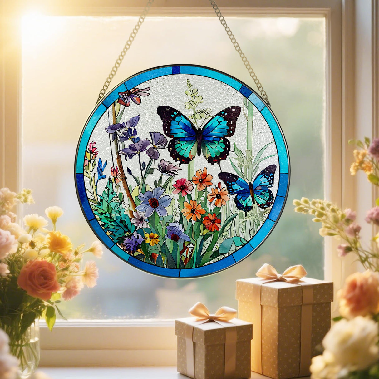 Stained Glass Window Hanging, 8 Inch Butterfly Sun Catchers Indoor Window, Suncatchers for Windows Hanging, Home Decoration and Christmas, Festival, Mother's Day, Birthday, Gifts for Women, Mom