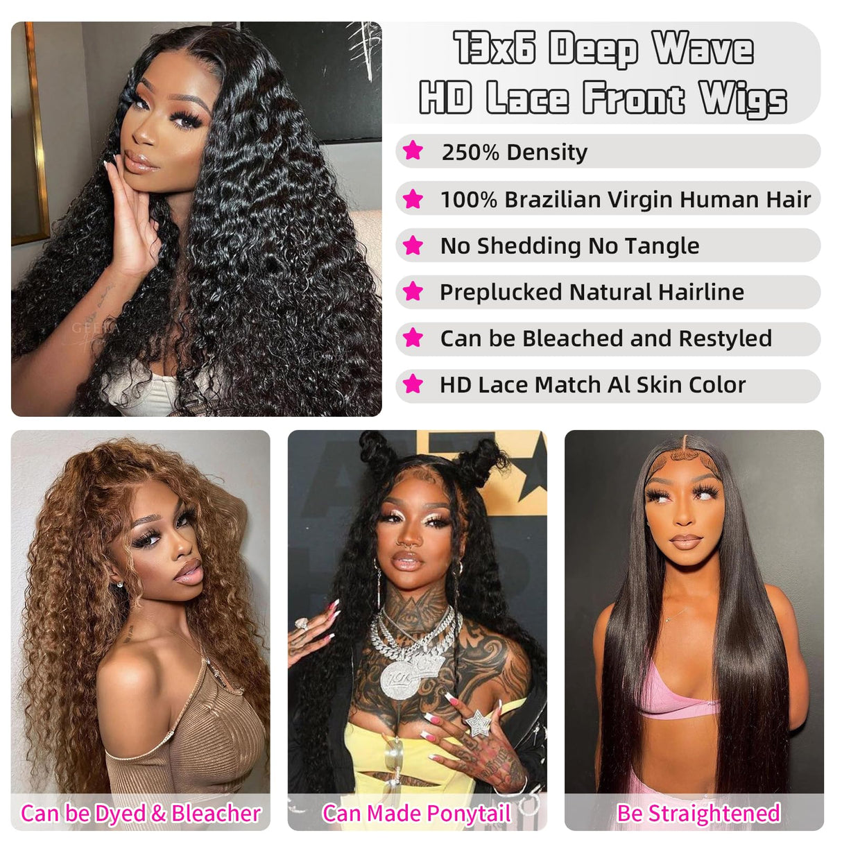 30 Inch Deep Wave Lace Front Wigs Human Hair 250 Density 13x6 HD Lace Frontal Wigs Human Hair Pre Plucked Deep Curly Glueless Human Hair Wigs for Women