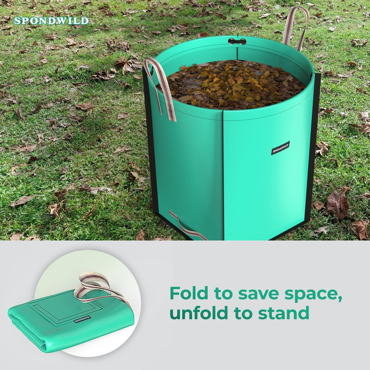 SPONDWILD 63 Gallon Reusable Yard Waste Bag - Durable PE Standable Lawn Leaf Bag with 4 Reinforced Handles, Collapsible Portable Garden Container for Leaves, Yard Waste, Garden Debris (Green)