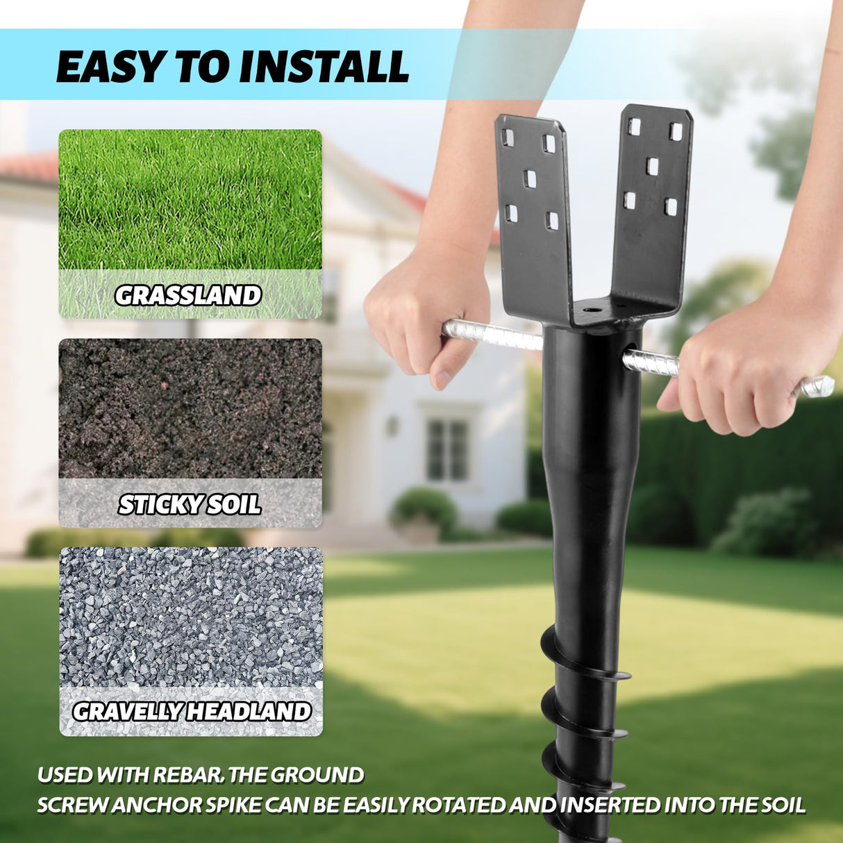 XYADX No Dig Ground Screw Anchor - Black U Shaped Post Stake for 4x4 Wood Posts, Includes Lag Bolts & 27" Rebar, for Mailbox Posts and Fence Posts Anchor, 4 Pack