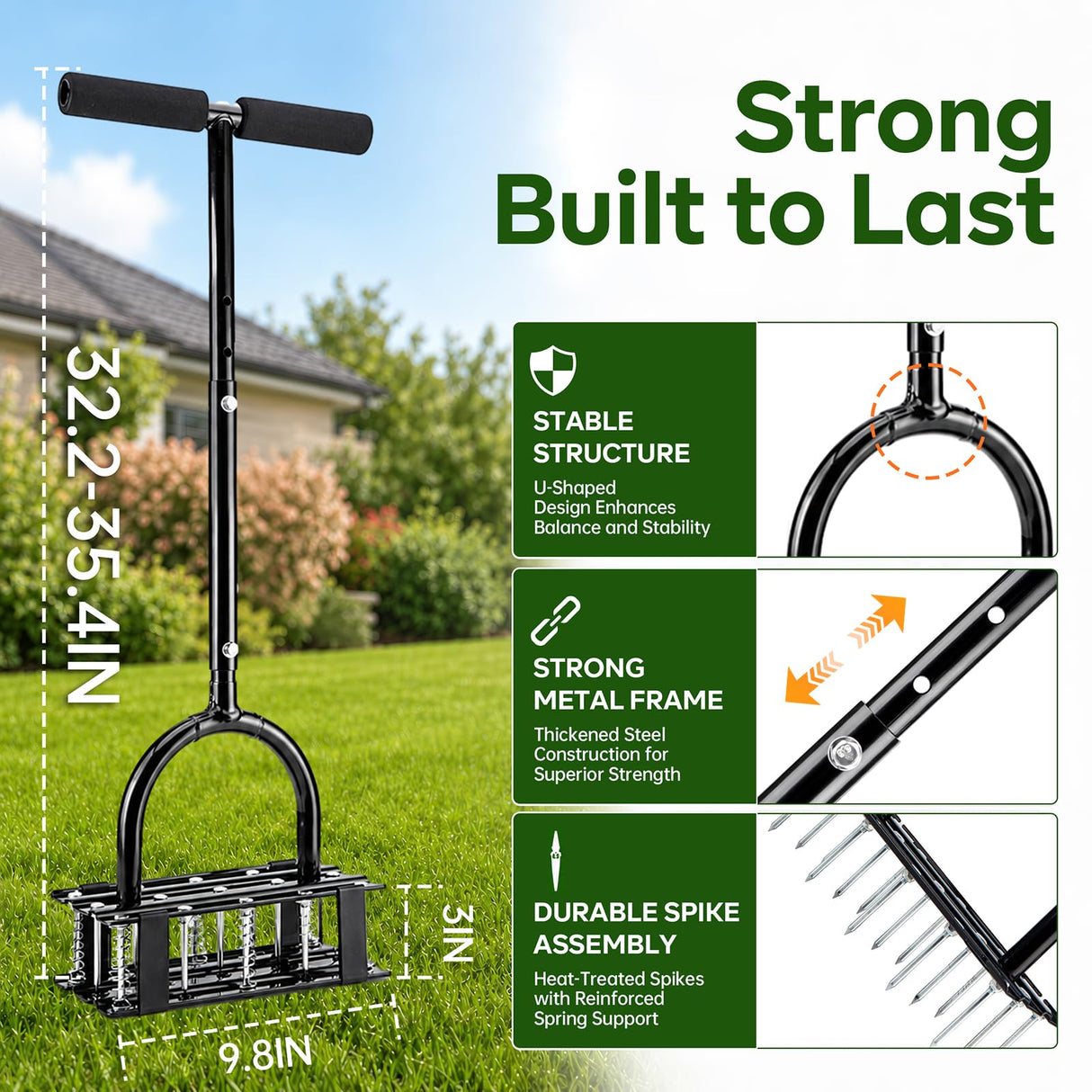 Furfrolic Lawn Aerator - 2-in-1 Manual Aerator with Automatic Dirt and Leaf Clean, Heavy-Duty Reinforced 15 Spikes & Ergonomic T-Handle for Lawn Maintenance, Garden Care, Yard Work (Black)