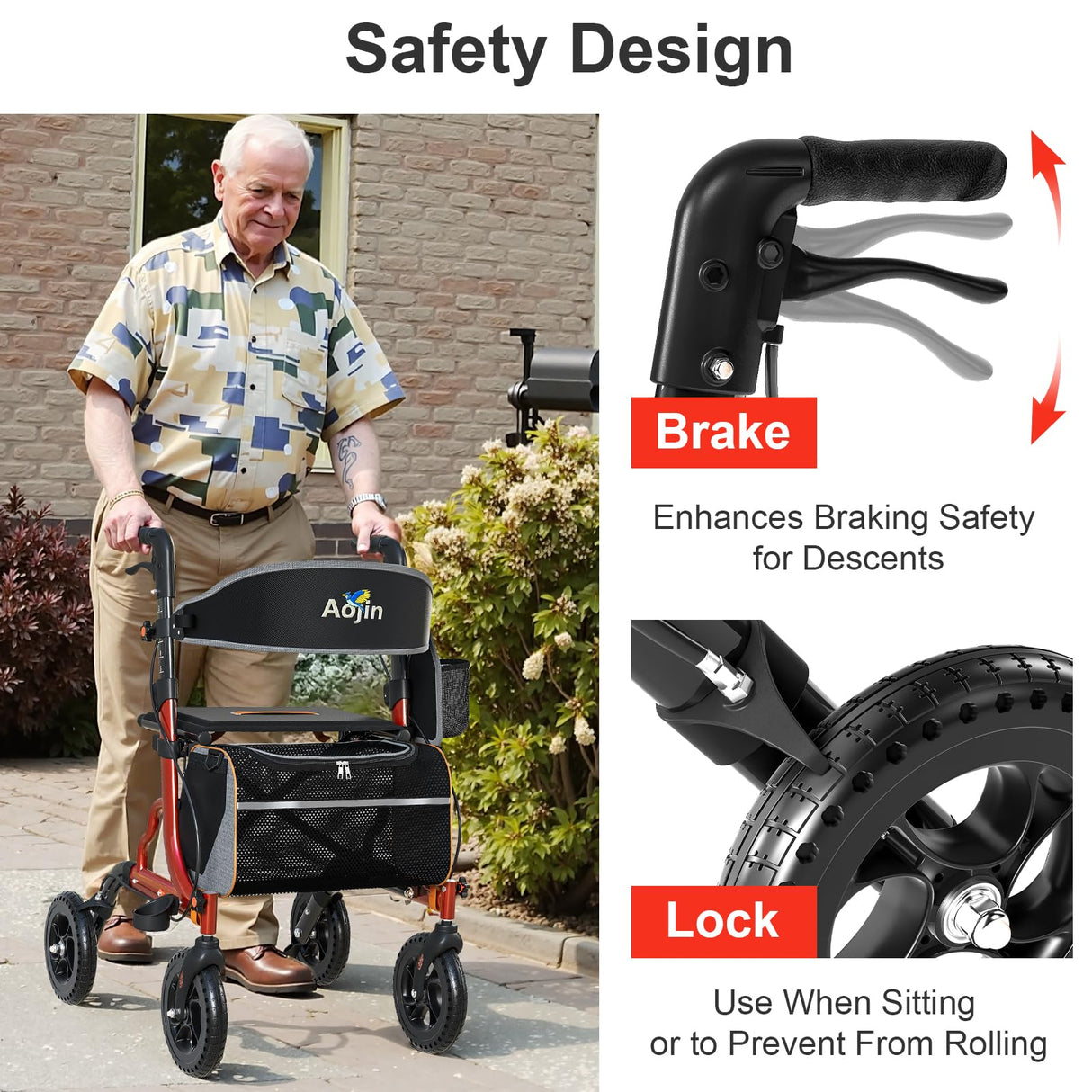 Rollator Walkers for Seniors with Seat, Foldable Walkers for Seniors, 8" All-Terrain Wheels, 18" Big Seat, 6-Level Adjustable Height Rolling Walker, 350 lb, Walker for Seniors & Adults (Red)