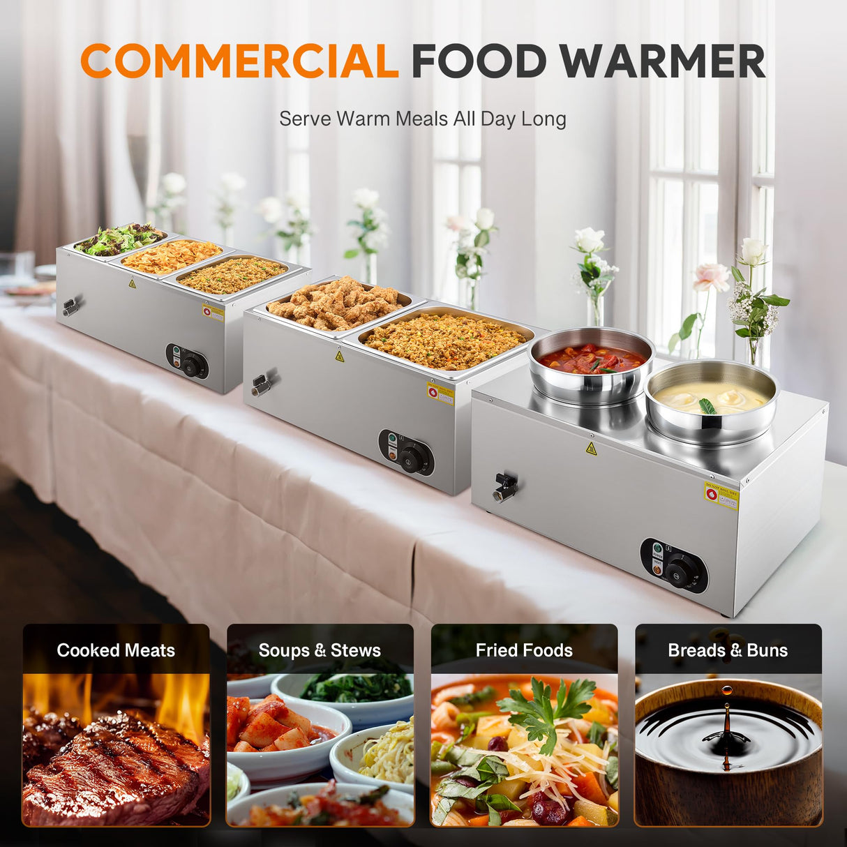WILPREP Commercial Food Warmer with Two 7.4 QT Inserts, 1500W Countertop Electric Steam Table, 86-185°F Adjustable Temp Control & Over-Temp Protection, Stainless Steel