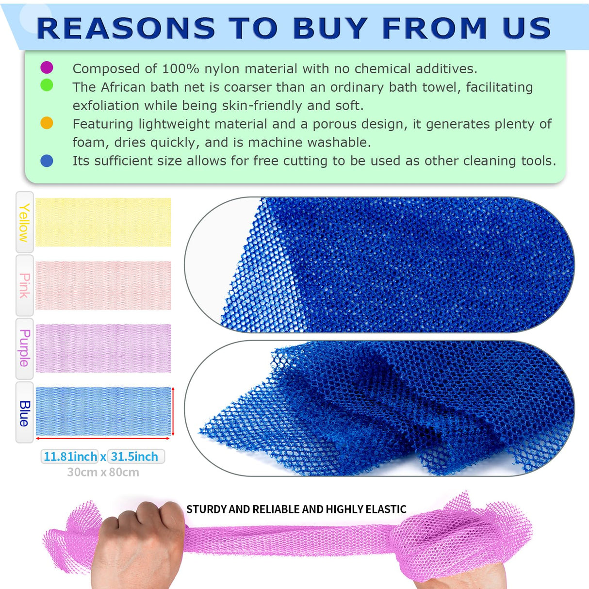 4 Pieces African Net Sponge – Premium African Net Sponge for Deep Exfoliation Quick-Dry and Reusable Mesh for Smooth Skin(Yellow Pink Purple Blue)