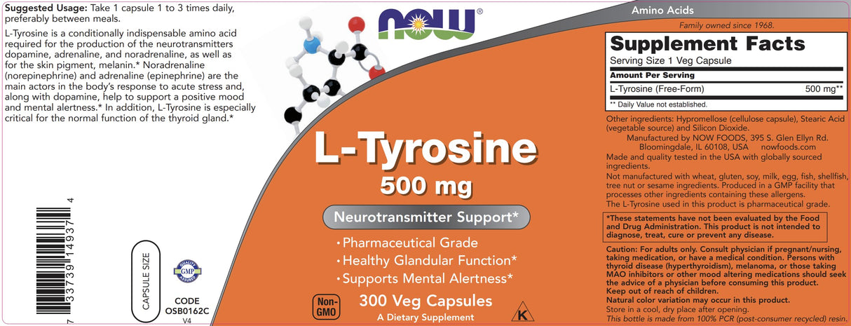 Now Foods L-Tyrosine 500mg, 300 Capsules - Non GMO - Supports Mental Alertness - 500 mg Caps - Free Form Supplement
