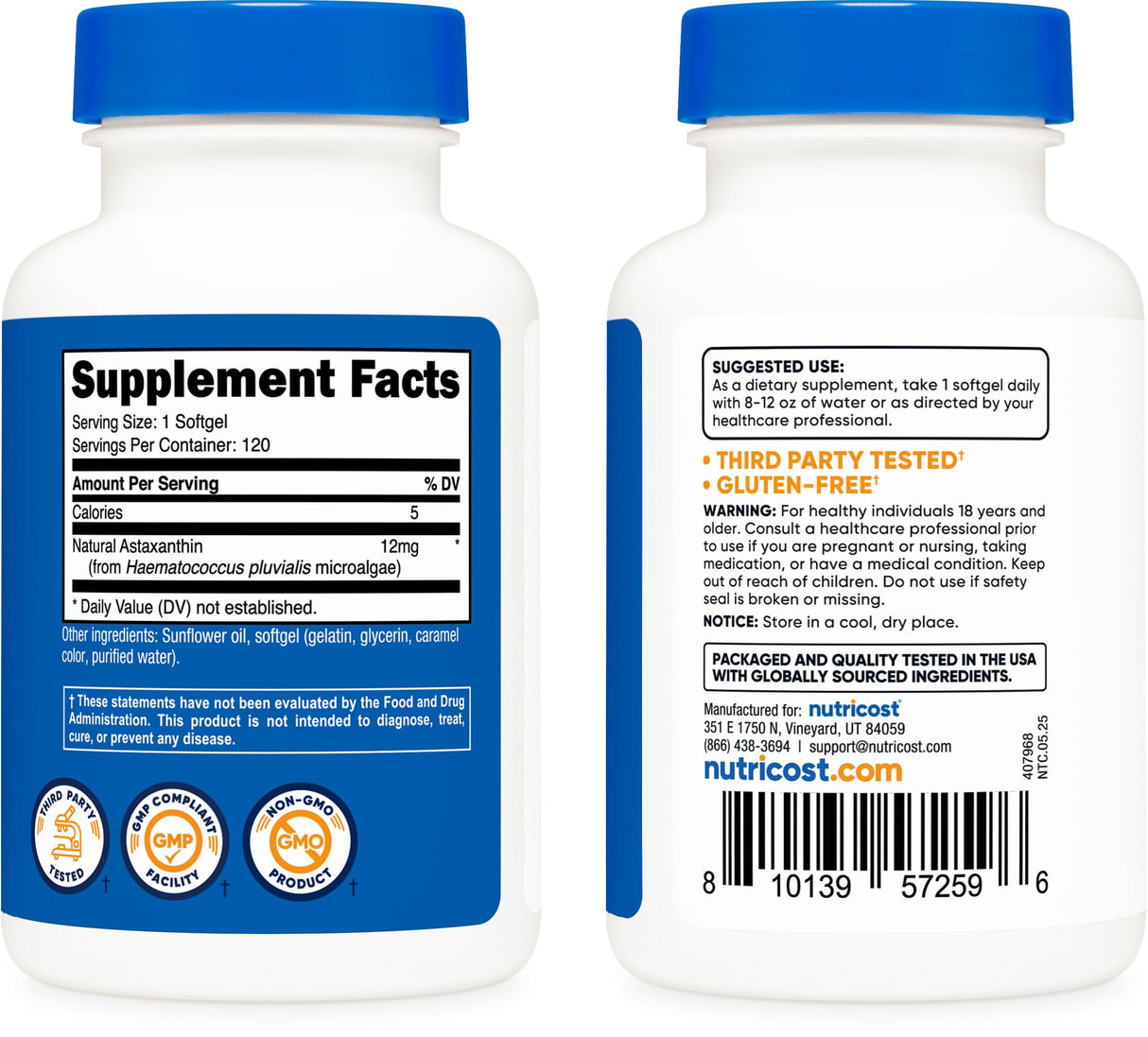 Nutricost Astaxanthin 12mg, Non-GMO and Gluten Free, 120 Softgels (4 Month Supply) (Pack of 2)