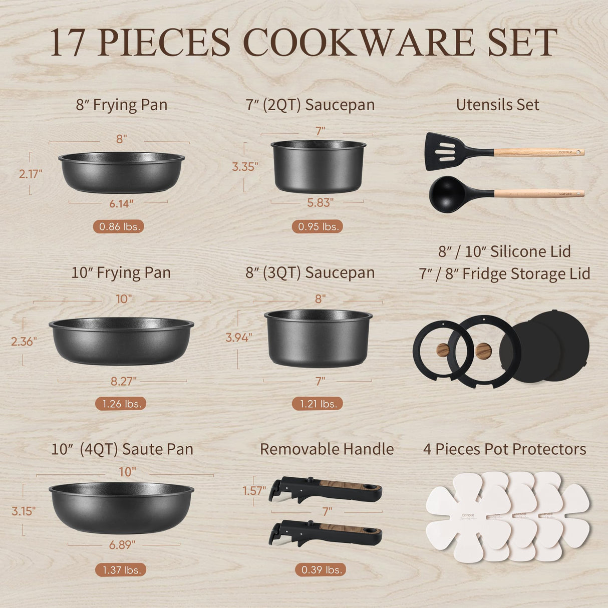 CAROTE 17pcs Pots and Pans Set, Nonstick Cookware Set Detachable Handle, Induction Kitchen Cookware Sets Non Stick with Removable Handle, RV Cookware Set, Oven Safe, Jet Black