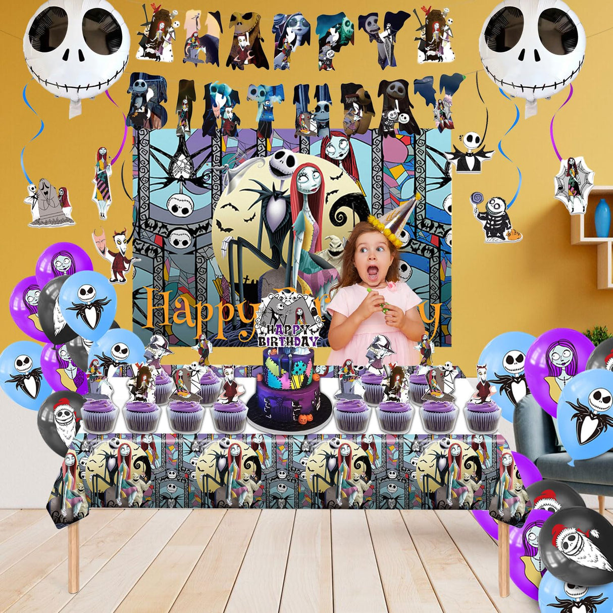 Favuit Birthday Decorations, Nightmare Christmas Party Supplies Halloween Birthday Party Decorations Set Includes Banner Balloons Tablecloth Backdrop Hanging Swirls Cake Toppers