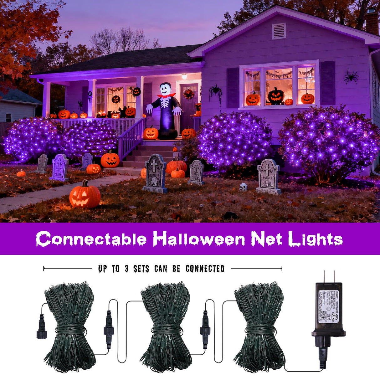 JMEXSUSS 360 LED 12ft x 5ft Halloween Net Lights, Connectable Purple Mesh Lights Outdoor Plug in with Remote, 8 Modes Waterproof Purple Halloween Light for Bushes Halloween Christmas Decorations