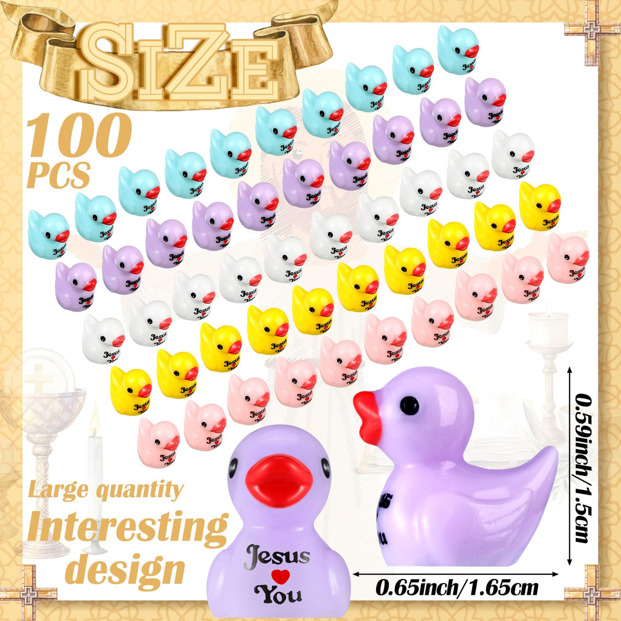 Suzile 100 Pcs Mini Jesus Resin Ducks Little Figures Bulk Jesus Loves You Christian Mini Duck Figures Duckies to Hide and Seek Religious Party Decoration for Church Baptism Sunday Reward Gifts
