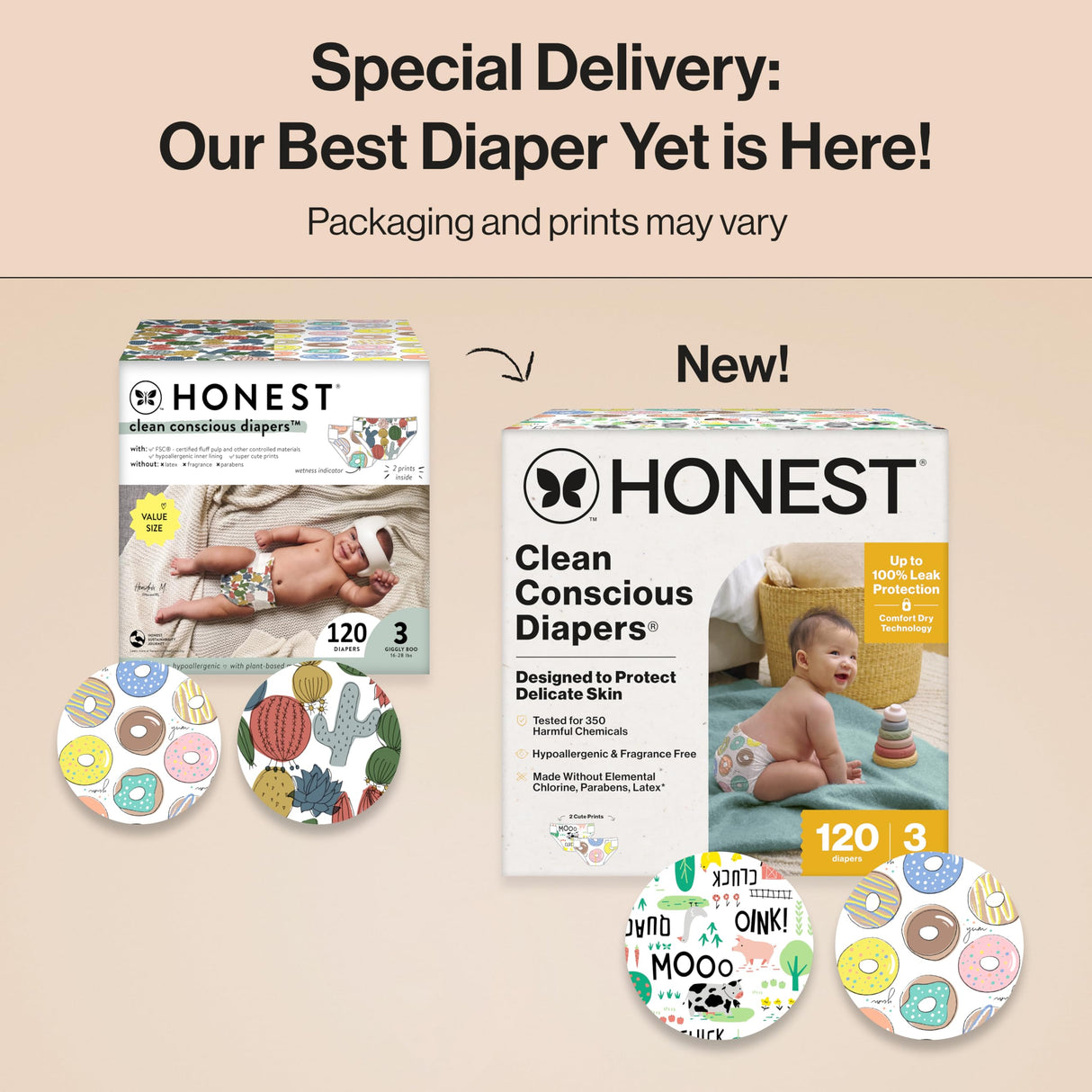 The Honest Company Clean Conscious Diapers for Sensitive Skin | Hypoallergenic, Fragrance Free | Gender Neutral Prints | Super Club Box, Size 3 (16-28 lbs), 120 Count (Prints May Temporarily Vary)
