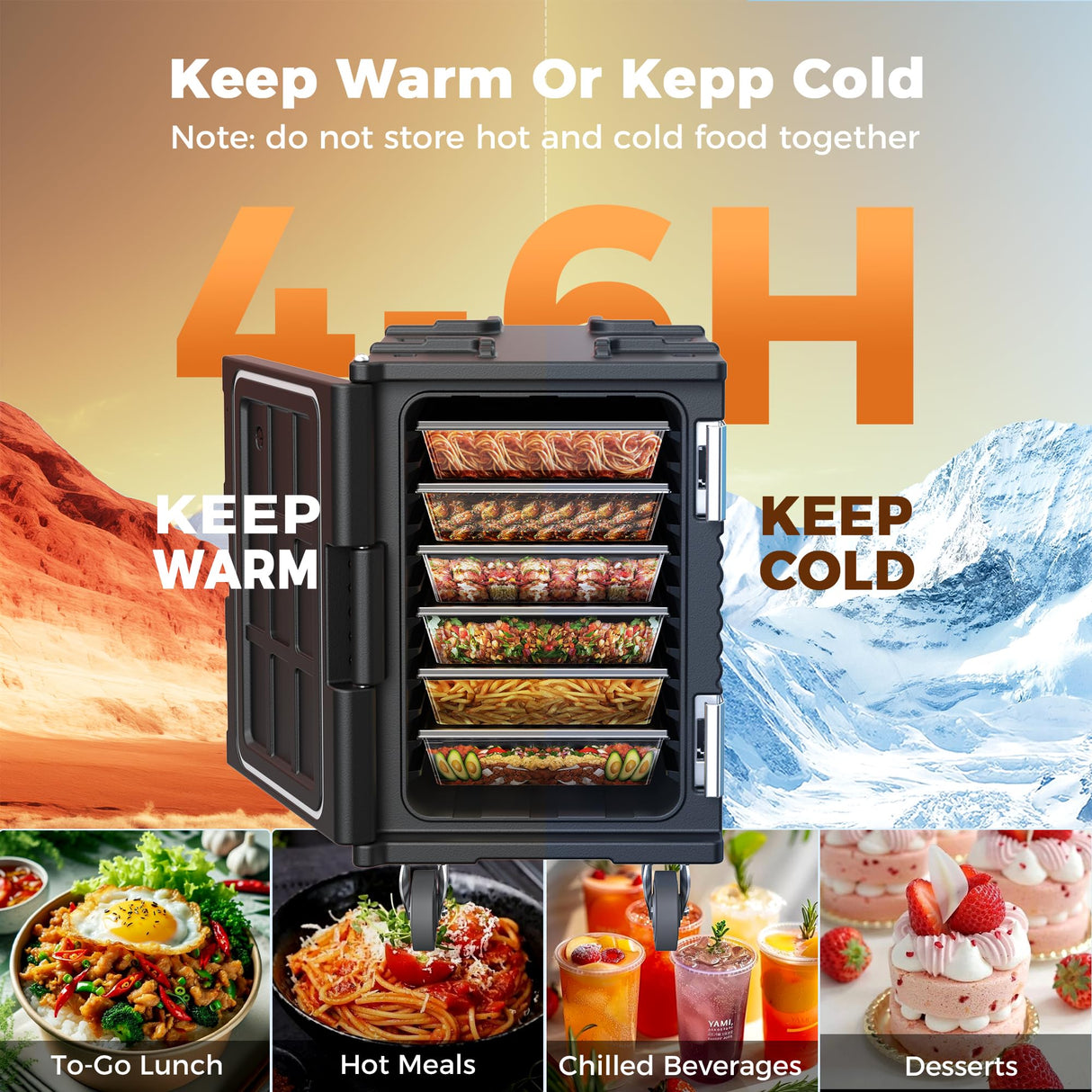 CAMMOO 95QT Non-Electrical Catering Food Warmers with Swivel Casters, 304 Stainless Steel Latch, Insulated Food Carrier for 6 Full-Size Pans(NOT INCLUDED), Food Warmer Hot Boxes for Catering BBQ Event