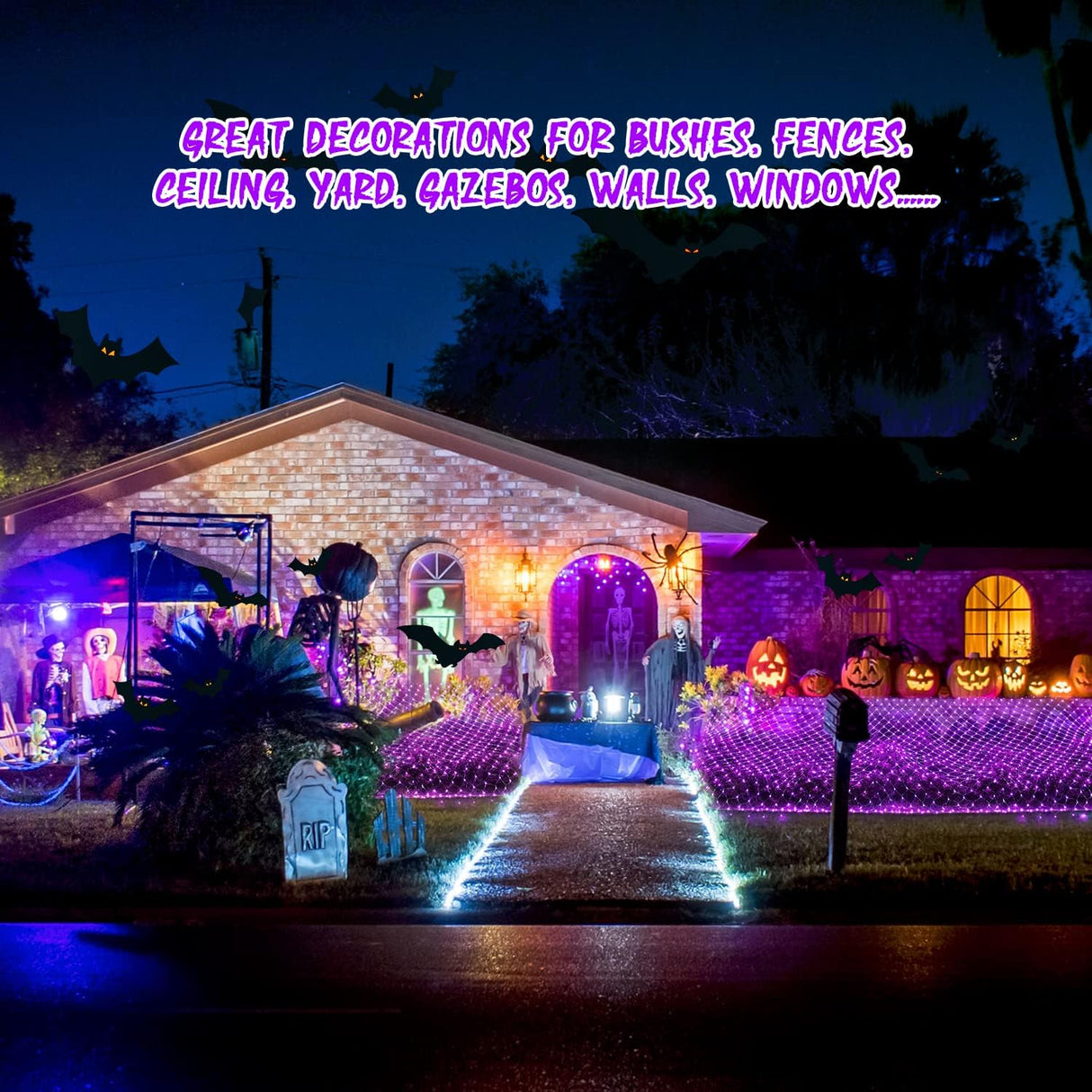 JMEXSUSS 360 LED Purple Halloween Lights - Plug in, Outdoor Waterproof, 12 ft x 5 ft Purple Net Lights with Remote for Halloween & Christmas Bush