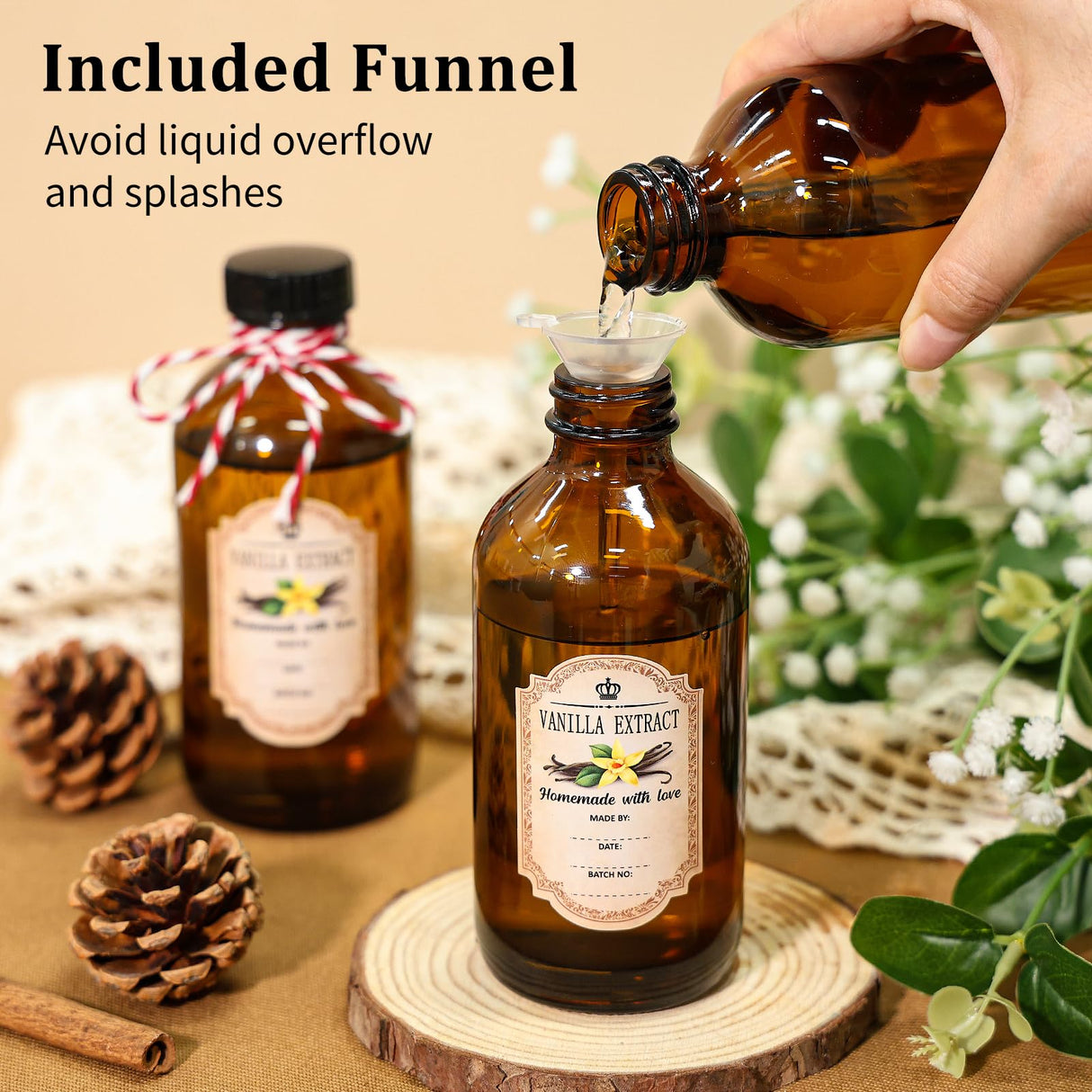 KEYWING 18 Pack 8oz Amber Glass Boston Round Bottles with Airtight Poly Cone Caps, Perfect Bottles for Homemade Vanilla Extract, Syrups, Essential Oils, Holiday & Christmas Gift