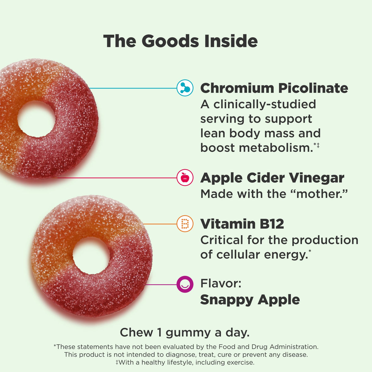 OLLY Metabolism Gummy Rings, Metabolism and Cellular Energy Chewable Supplement,* Apple Cider Vinegar, Vitamin B12, Chromium Picolinate, Apple Flavored, 60 Day Supply - 60 Count
