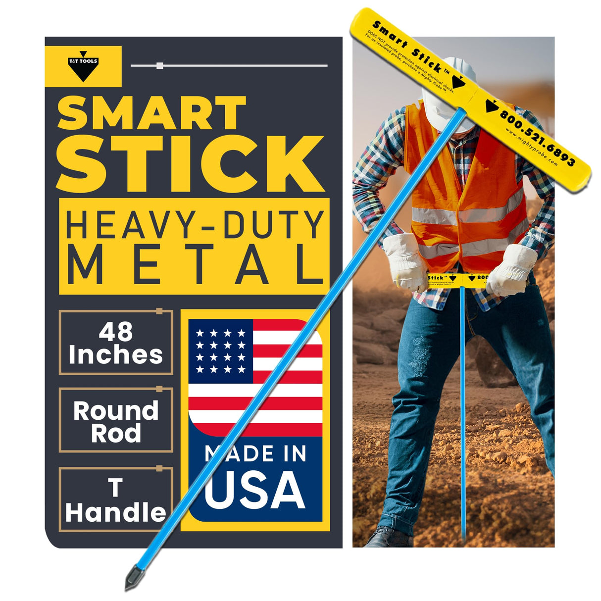 T&T Tools 48-Inch Smart Stick Metal Soil Probe – 3/8" Round Rod - 1 Pack