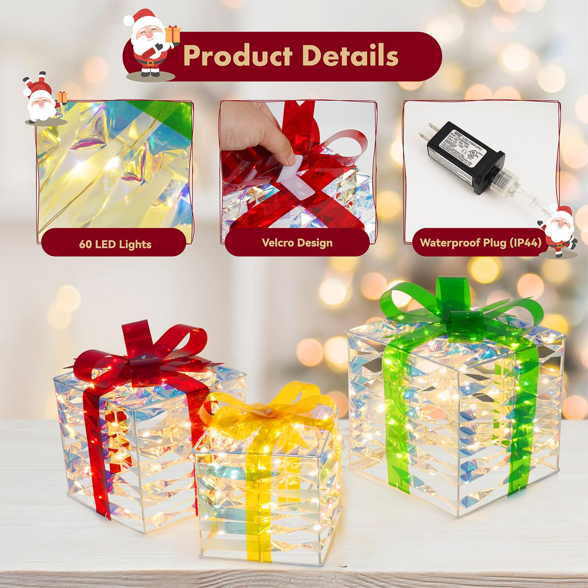 Set of 3 Christmas Lighted Gift Boxes with 140 LED Lights, Plug-in Holiday Decorations for Xmas Tree, Home, Indoor Outdoor Décor