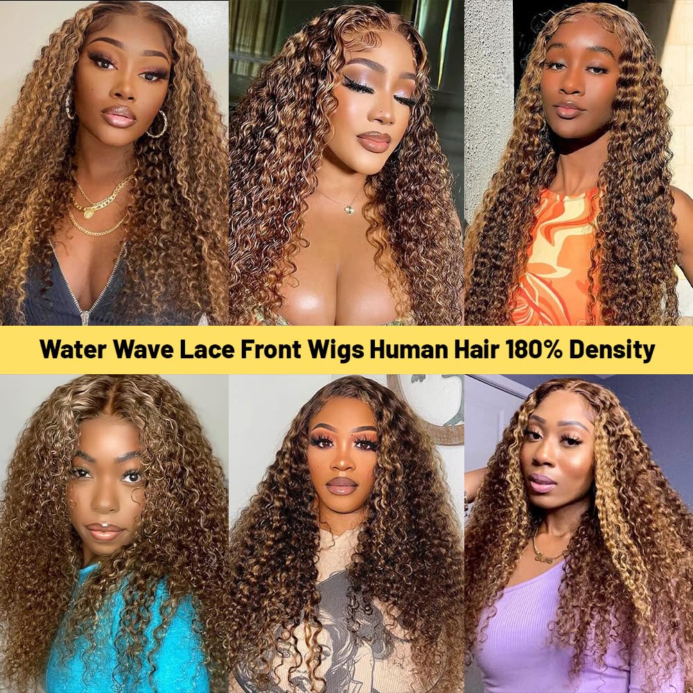 ADESORAES Highlight Ombre Lace Front Wig Human Hair 180% Density 4/27 Honey Blonde Water Wave Lace Frontal Wigs 26 inch Wet and Wavy Curly Glueless Wigs Human Hair Pre Plucked with Baby Hair